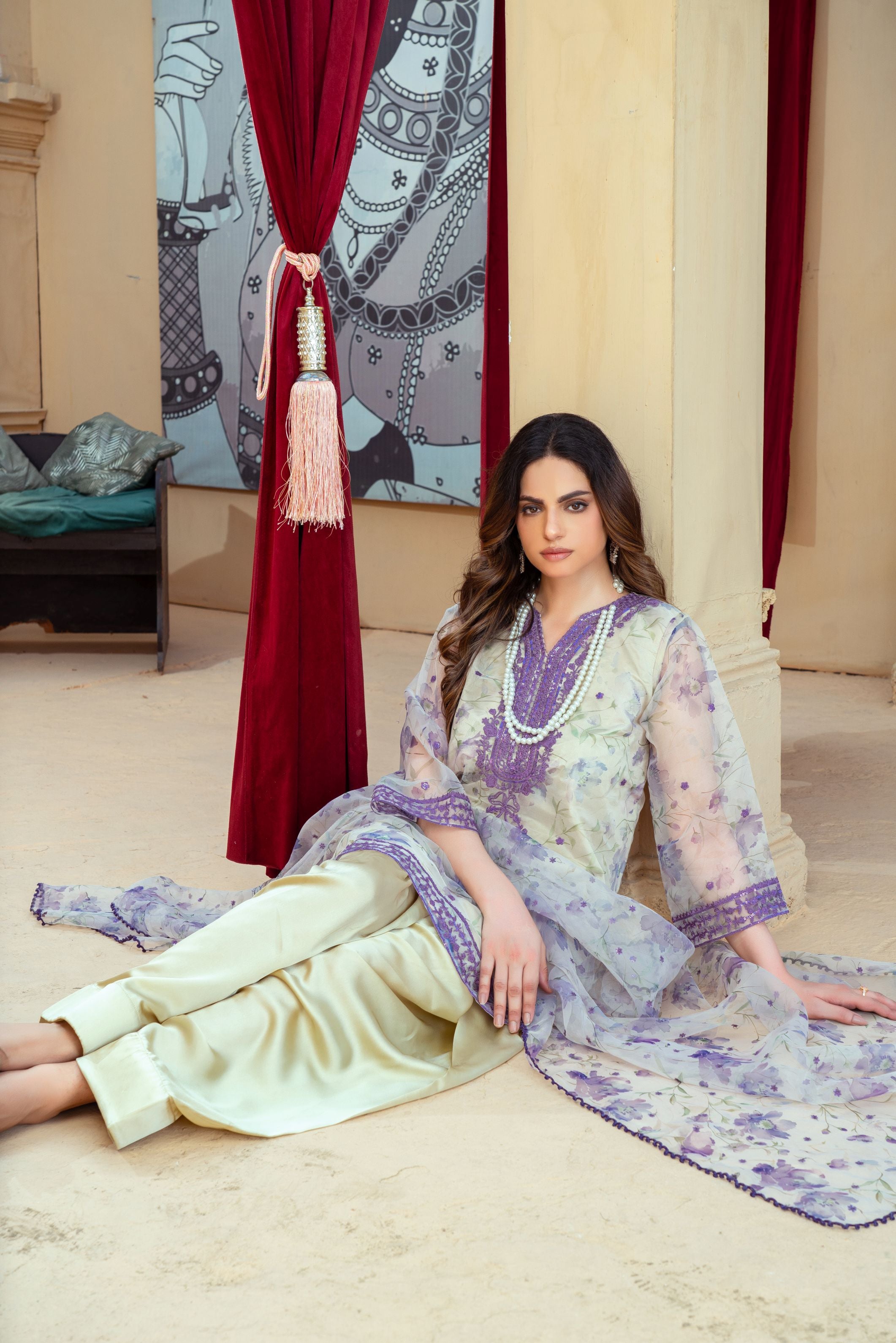 Floral Organza Shirt with Gold Silk Farshi Shalwar – RNK2 | Noorma Kamal