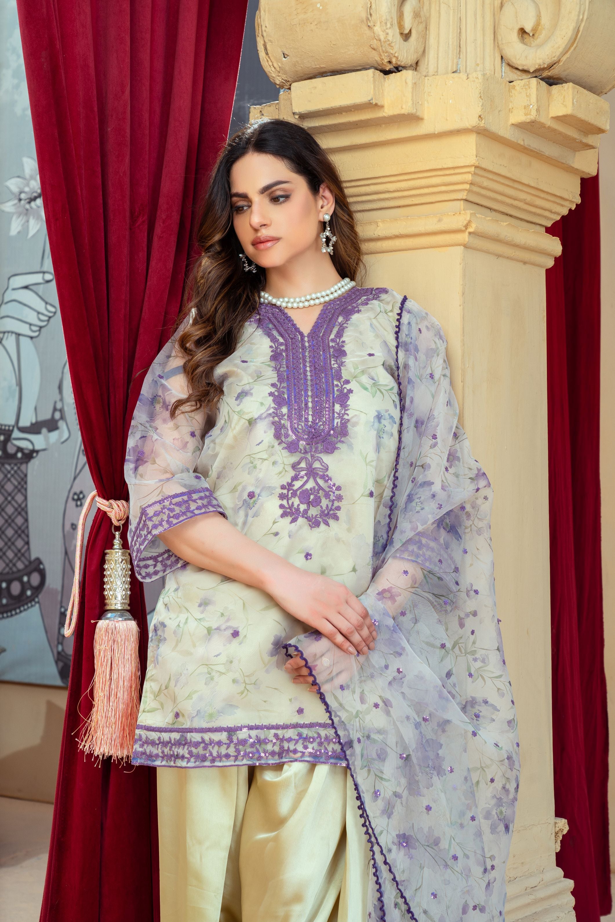 Floral Organza Shirt with Gold Silk Farshi Shalwar – RNK2 | Noorma Kamal