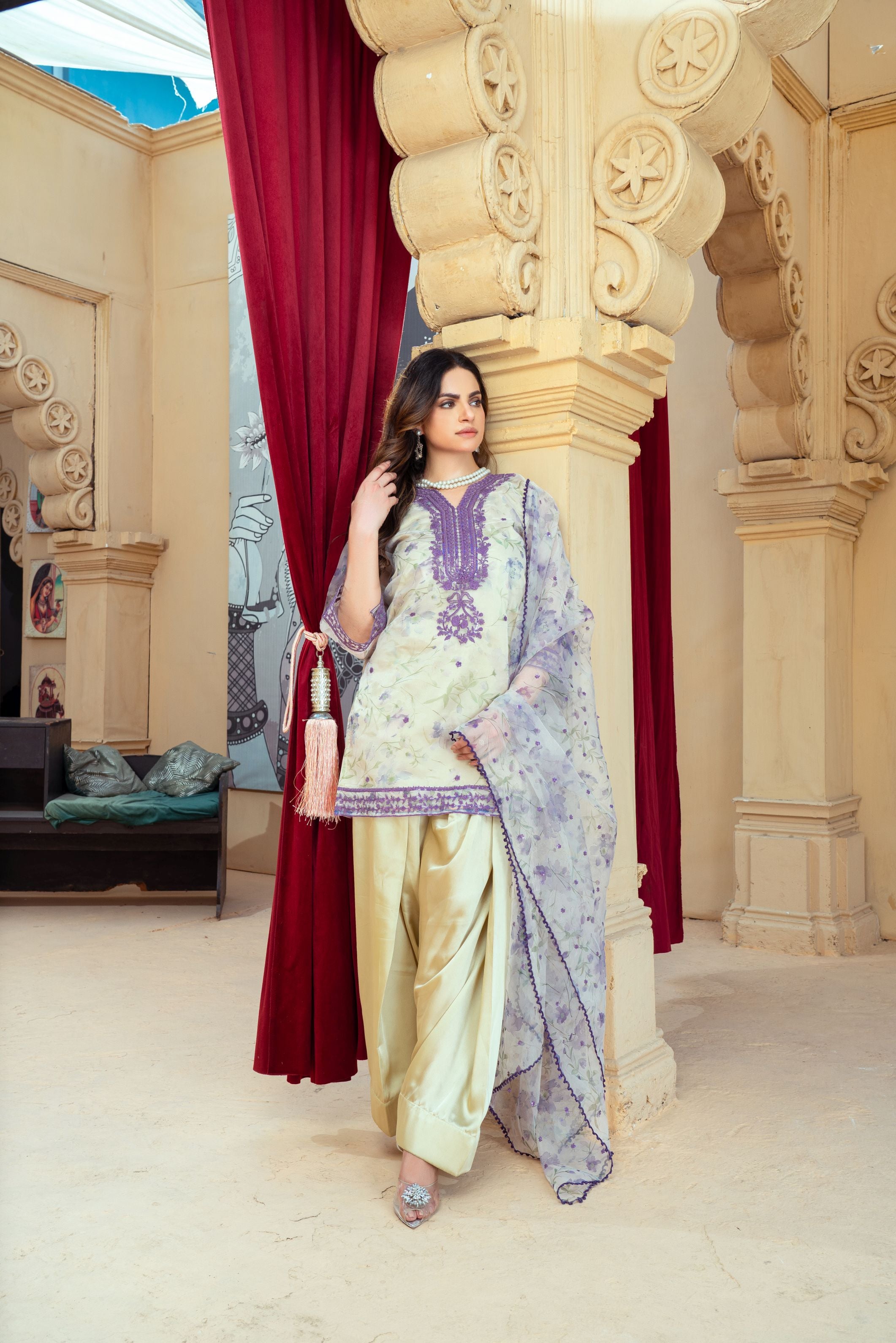 Floral Organza Shirt with Gold Silk Farshi Shalwar – RNK2 | Noorma Kamal