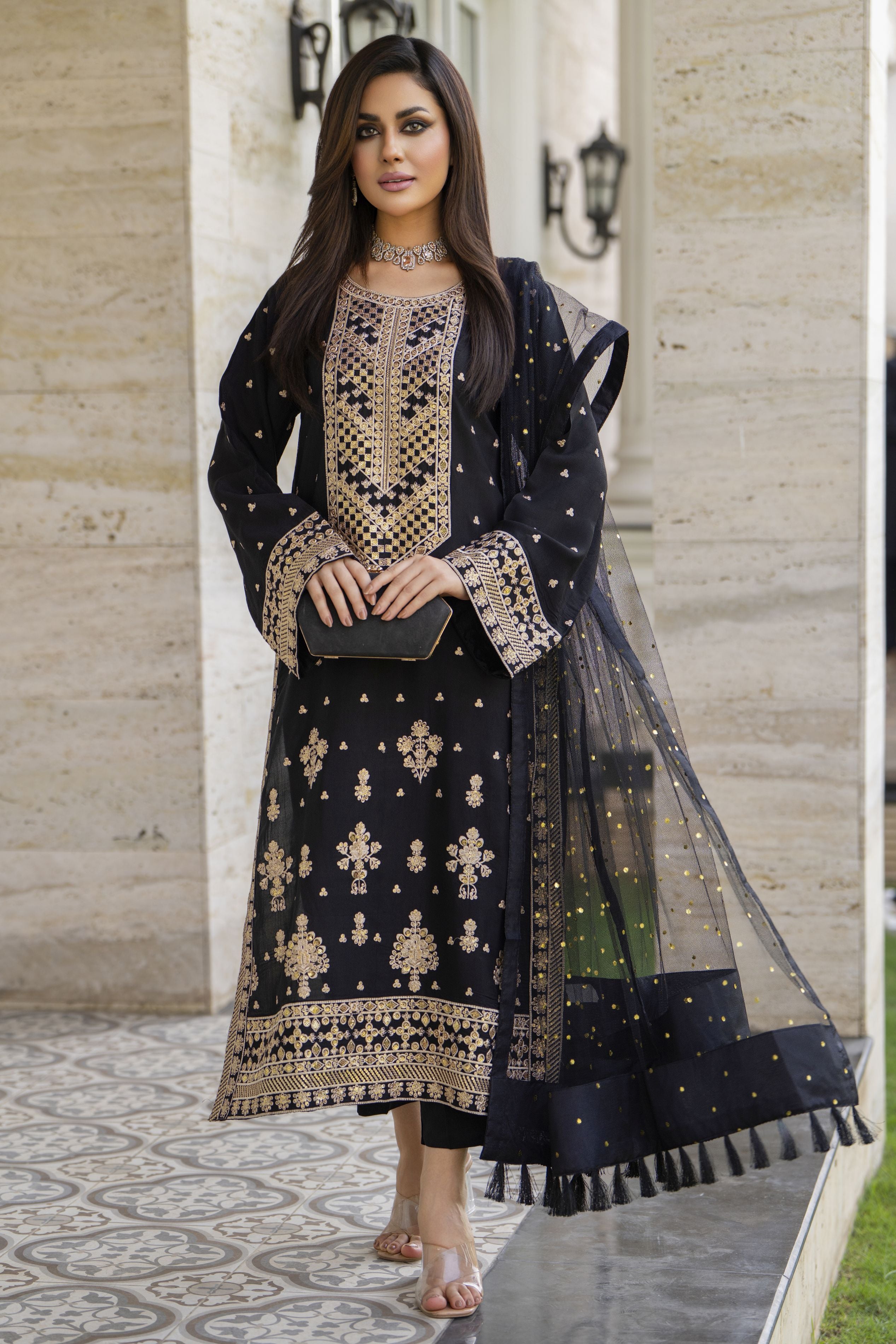 Black Raw Silk Embroidered Dress with Monar Dupatta – Chand Sa Libaas by Aleezay | CSLA2