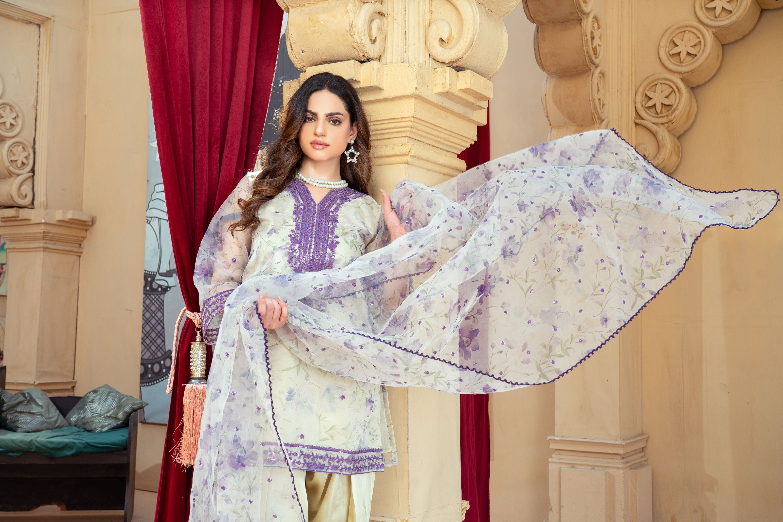 Floral Organza Shirt with Gold Silk Farshi Shalwar – RNK2 | Noorma Kamal