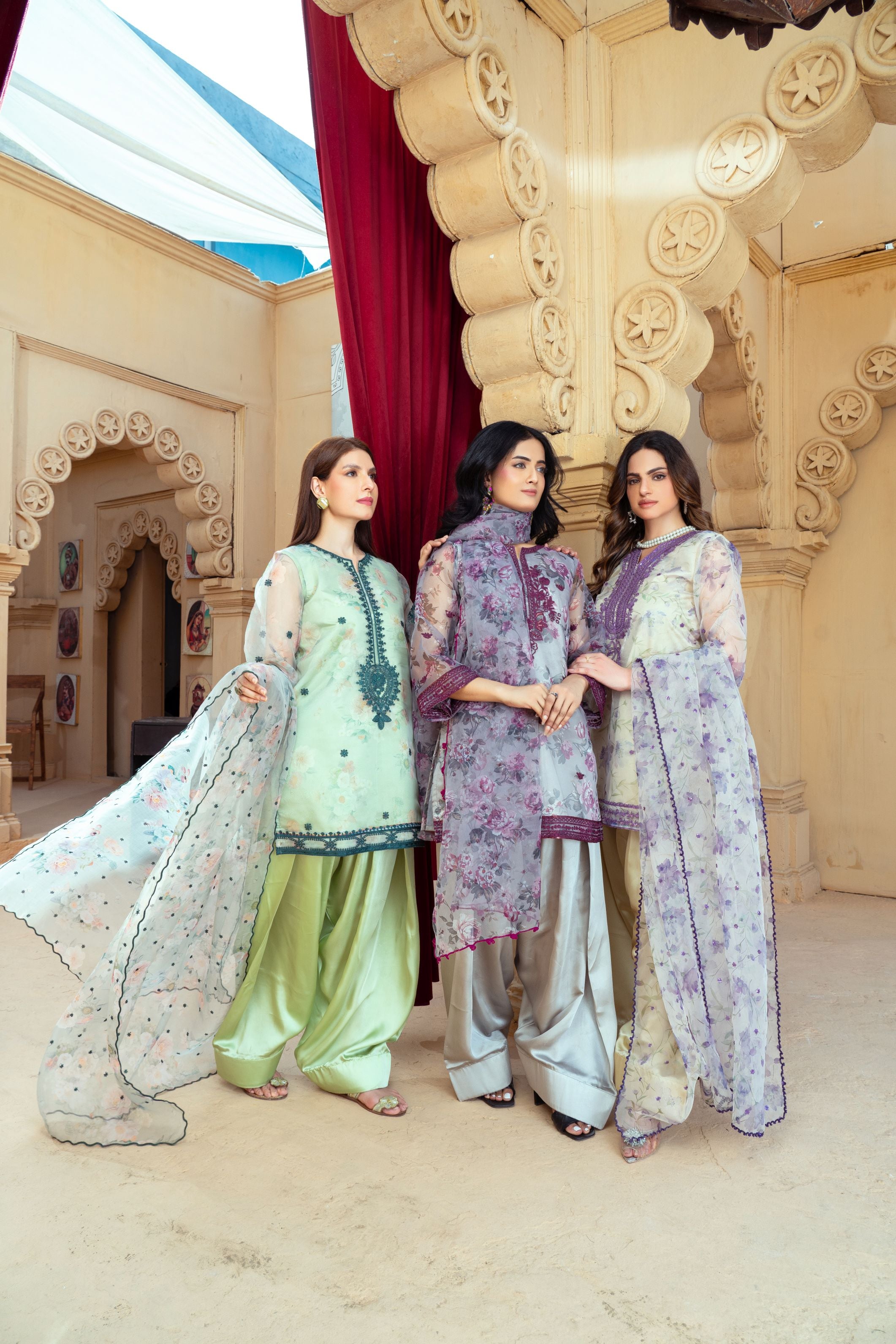 Floral Organza Shirt with Gold Silk Farshi Shalwar – RNK2 | Noorma Kamal