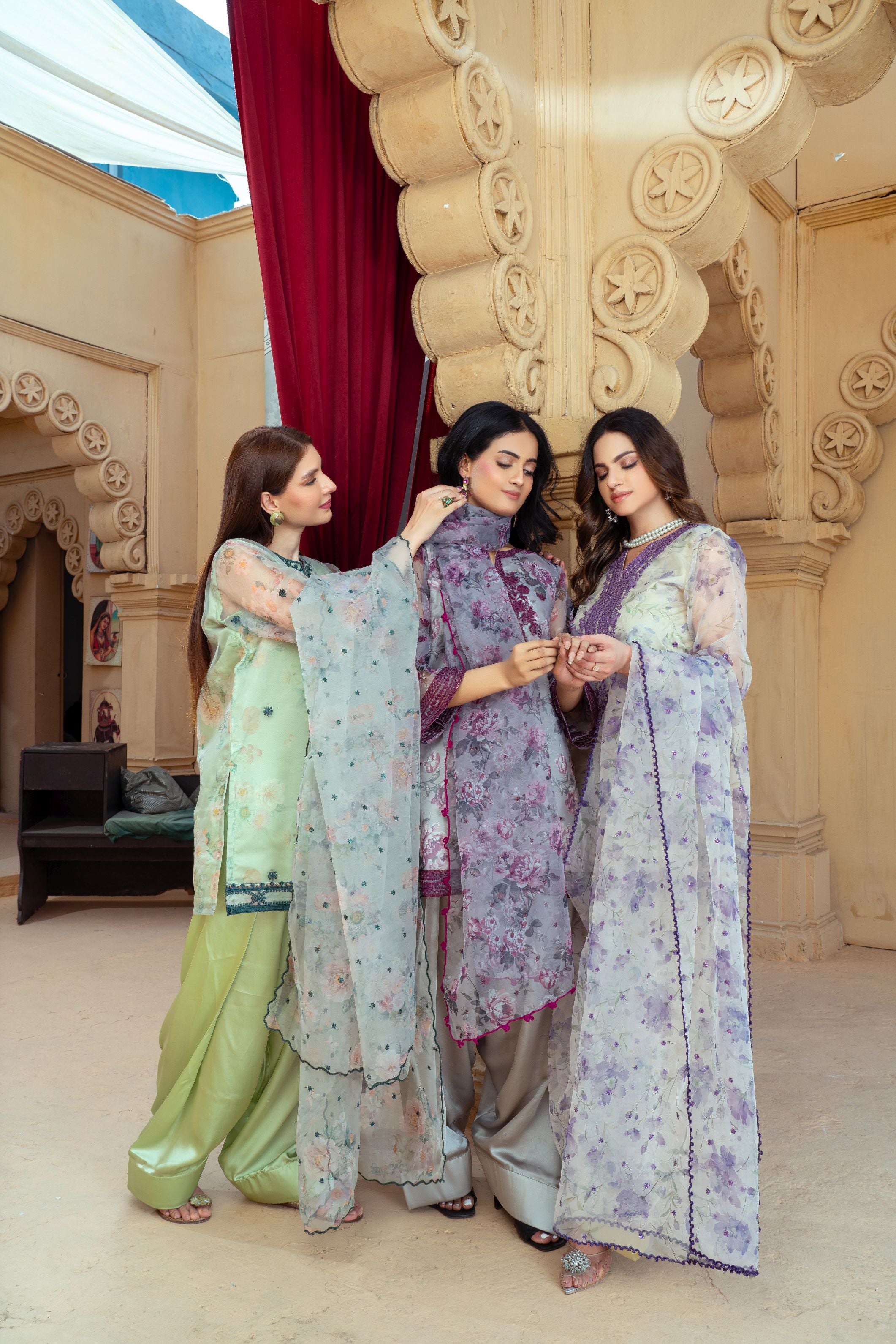 Floral Organza Shirt with Gold Silk Farshi Shalwar – RNK2 | Noorma Kamal