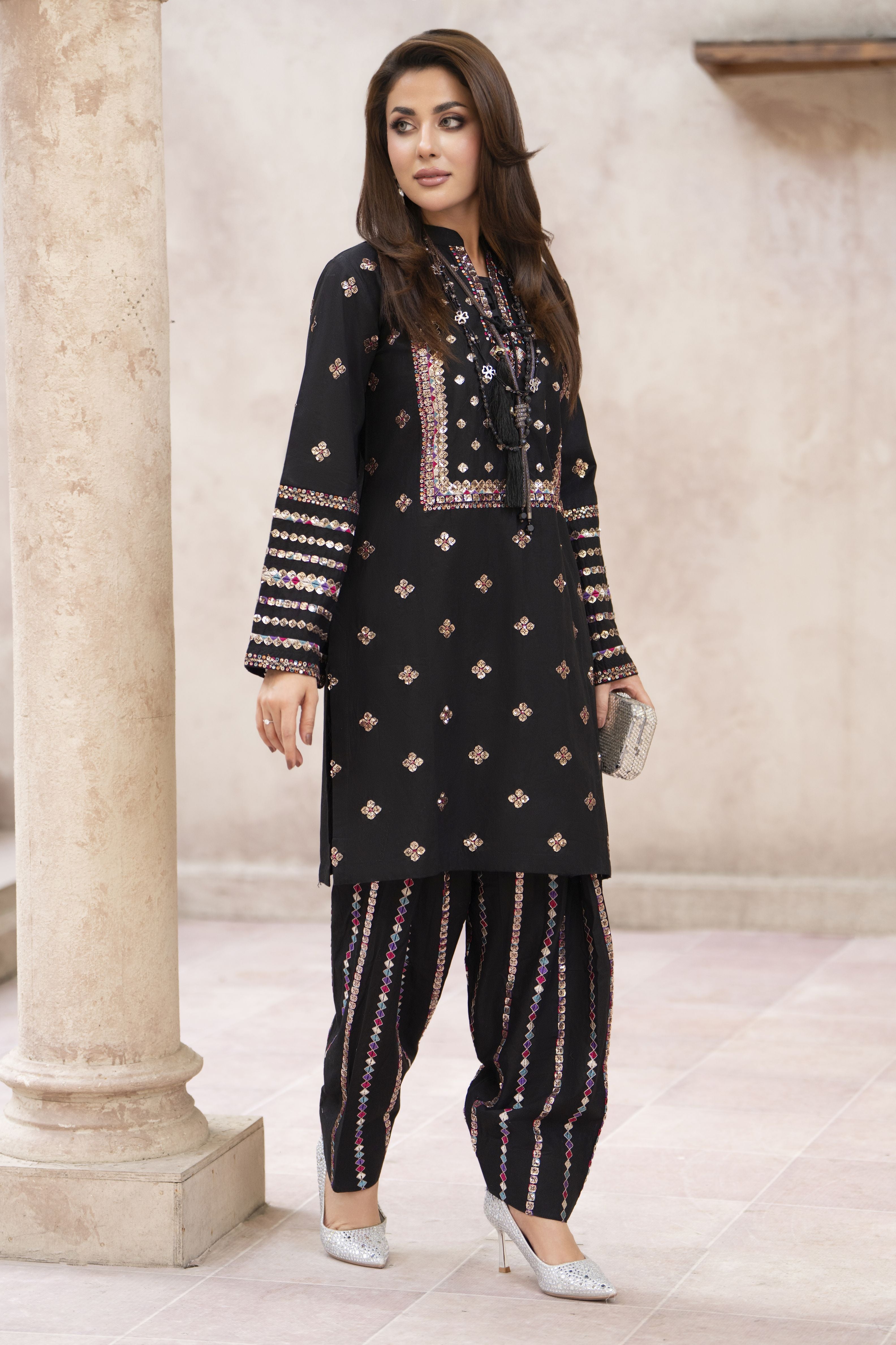 Zaiwa Sway6 2pc Black Sequin Embroidered Cotton Shalwar Suit