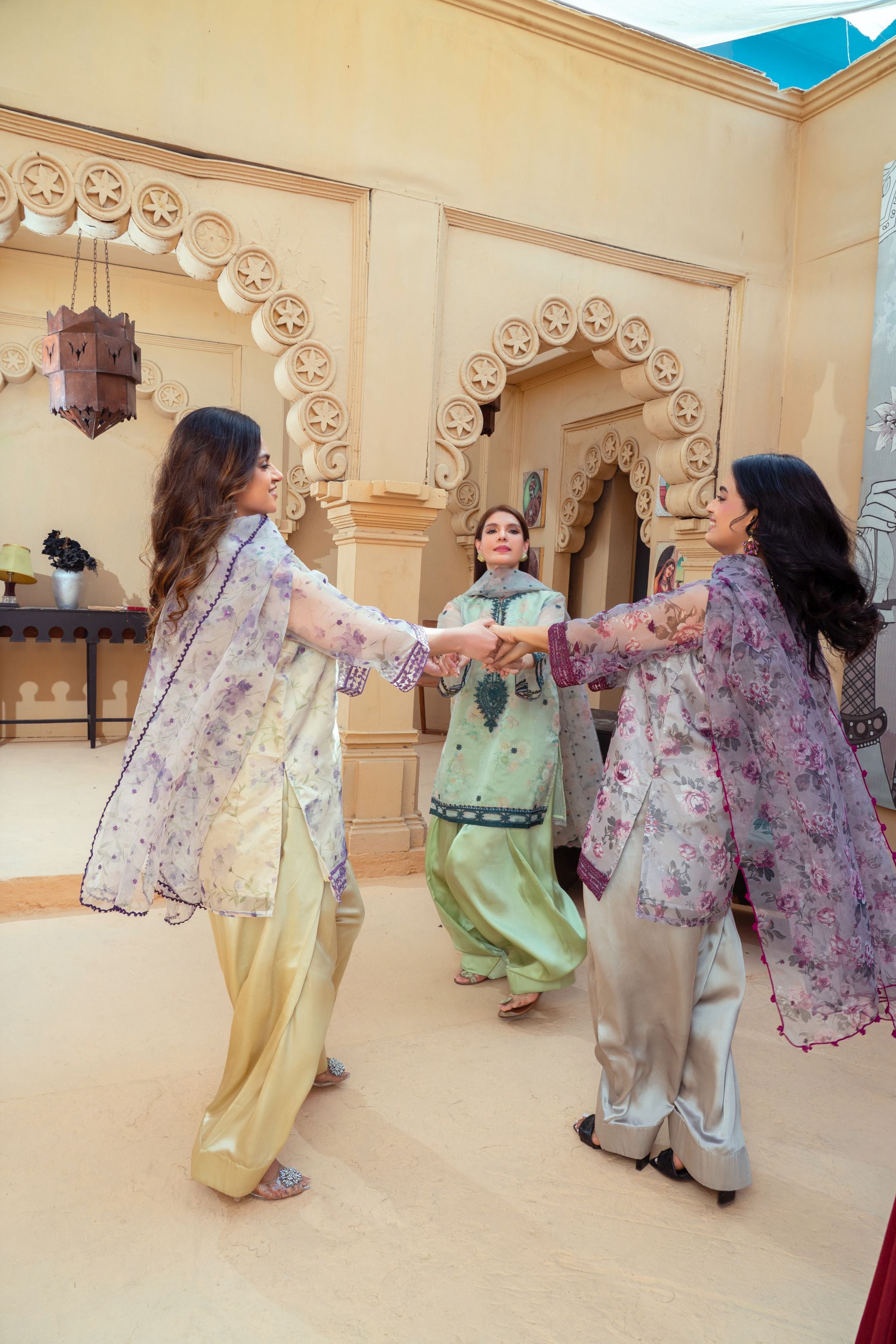 Floral Organza Shirt with Gold Silk Farshi Shalwar – RNK2 | Noorma Kamal