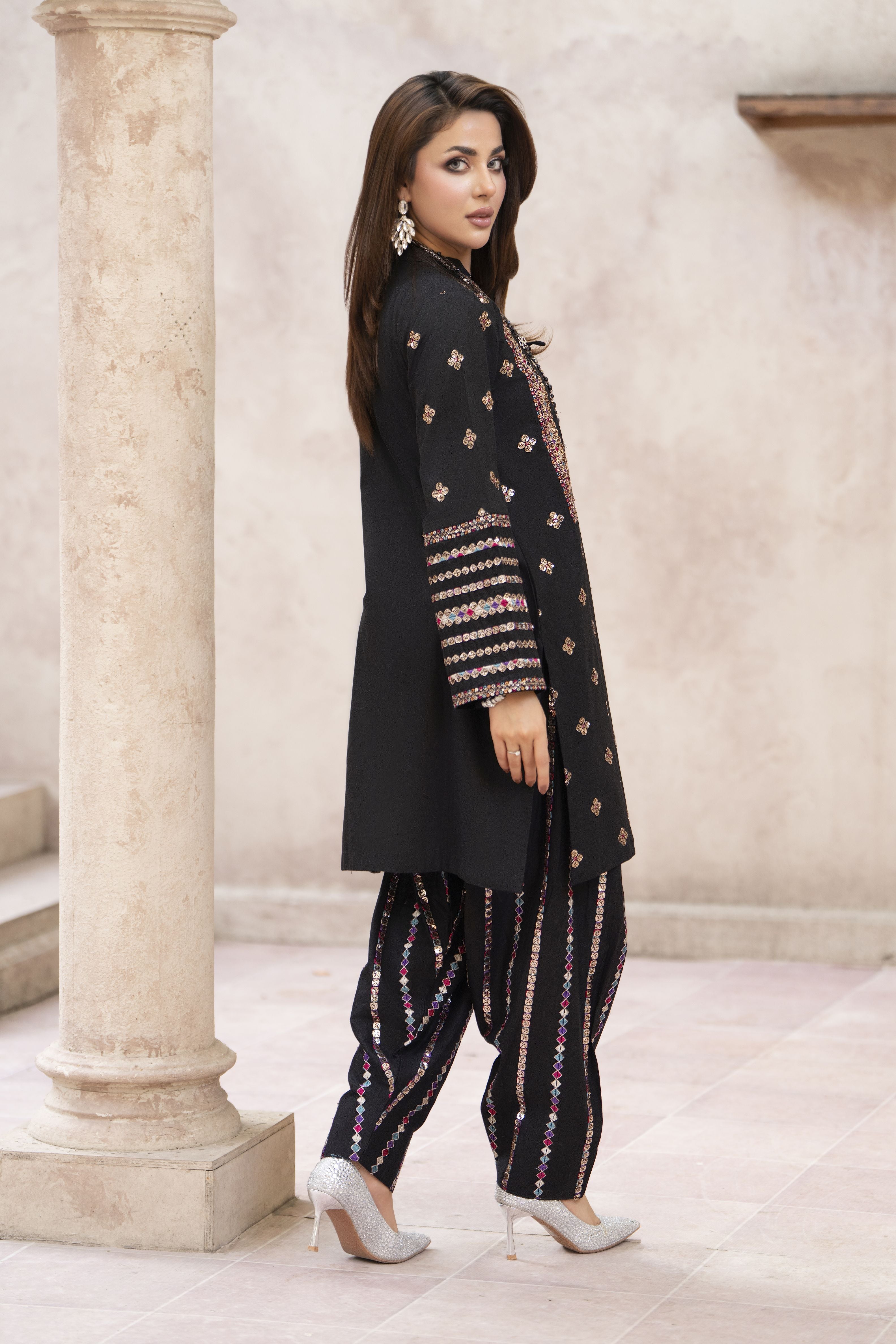 Zaiwa Sway6 2pc Black Sequin Embroidered Cotton Shalwar Suit