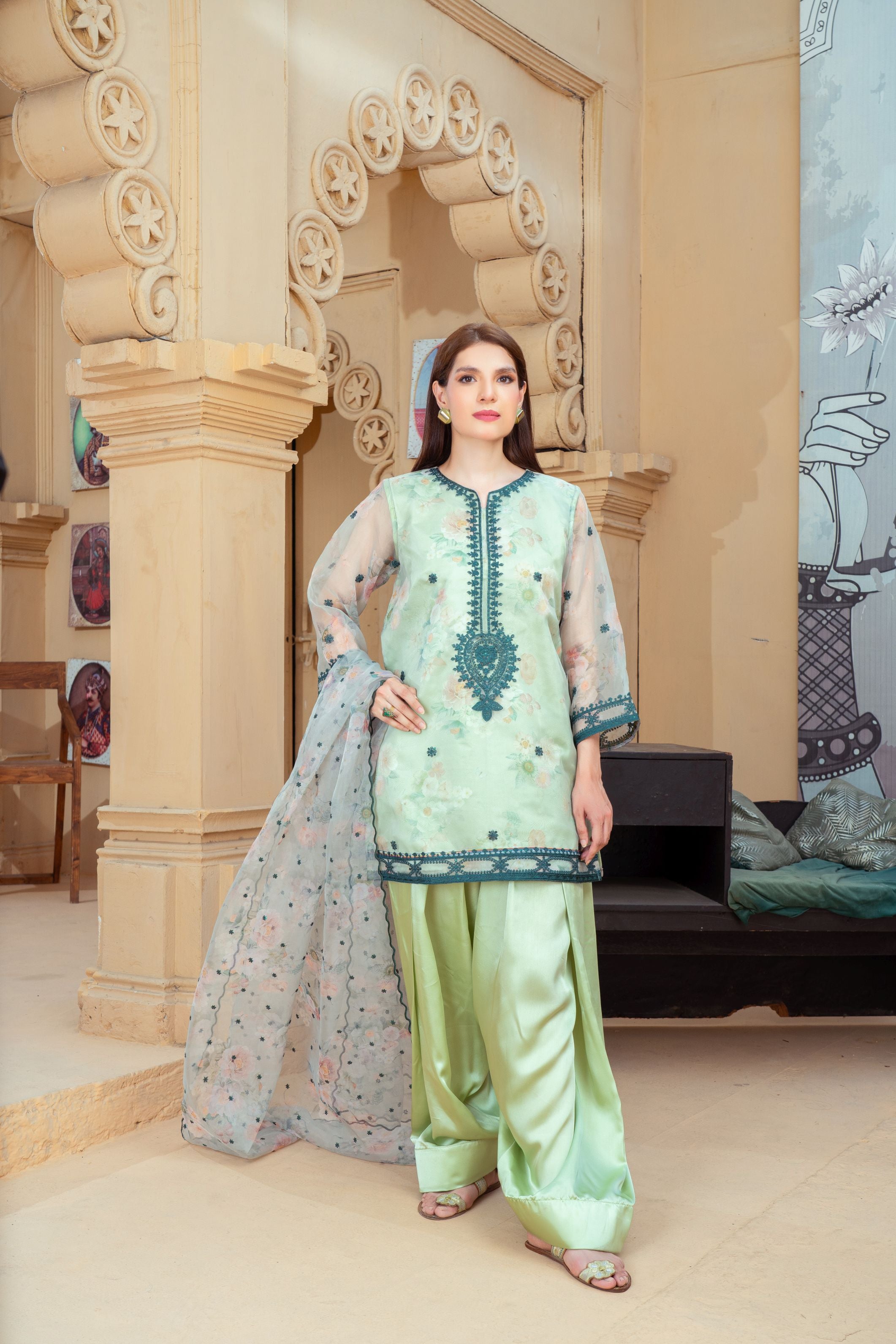 Mint Green Organza Embroidered Short Shirt with Silk Farshi Shalwar – RNK1 | Noorma Kamal