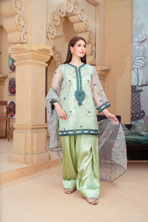 Mint Green Organza Embroidered Short Shirt with Silk Farshi Shalwar – RNK1 | Noorma Kamal