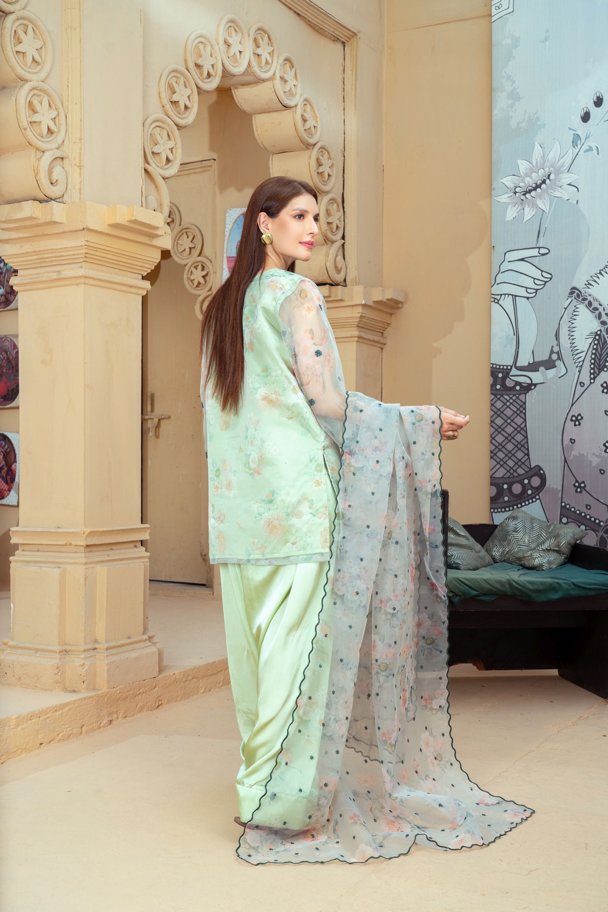 Mint Green Organza Embroidered Short Shirt with Silk Farshi Shalwar – RNK1 | Noorma Kamal