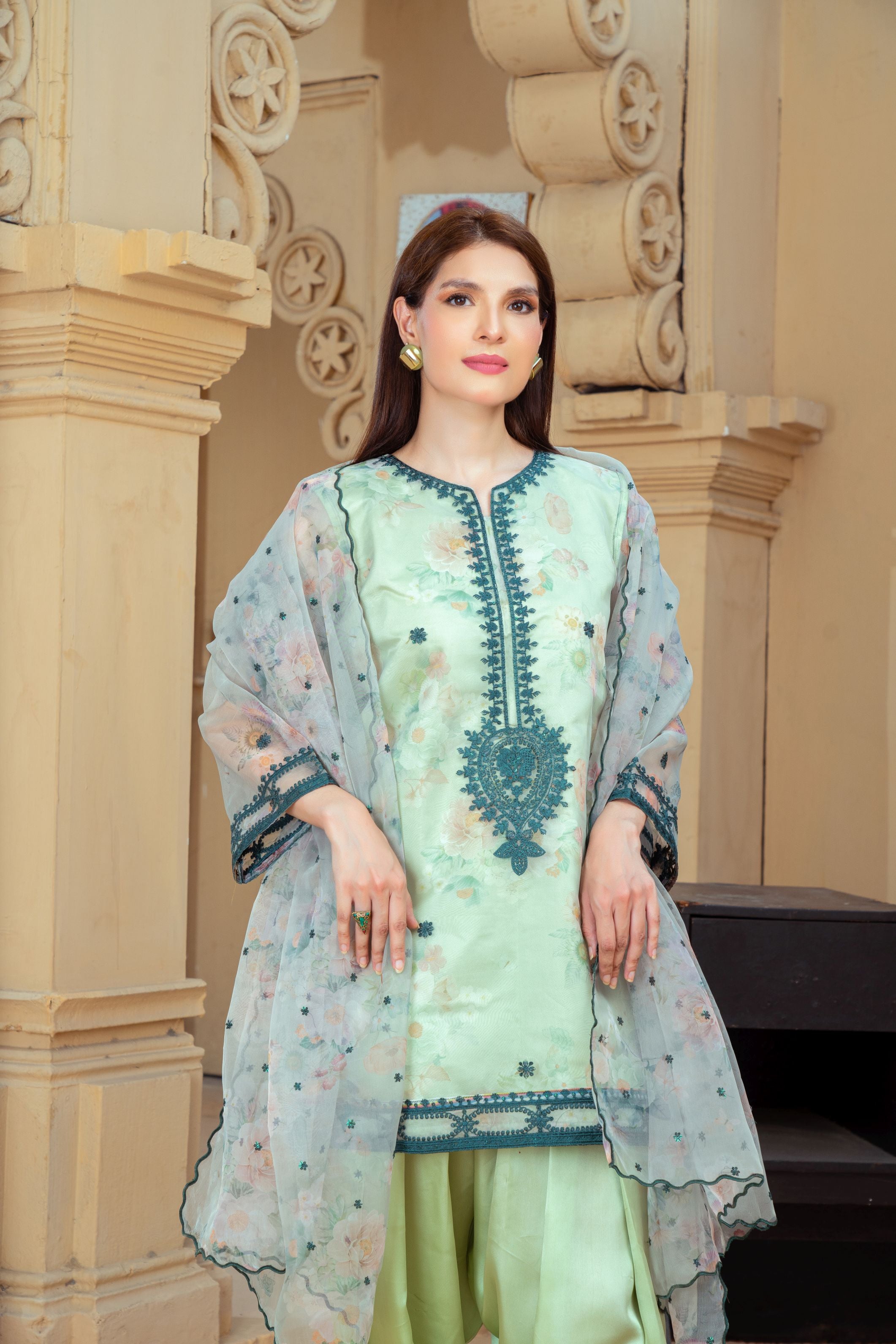 Mint Green Organza Embroidered Short Shirt with Silk Farshi Shalwar – RNK1 | Noorma Kamal