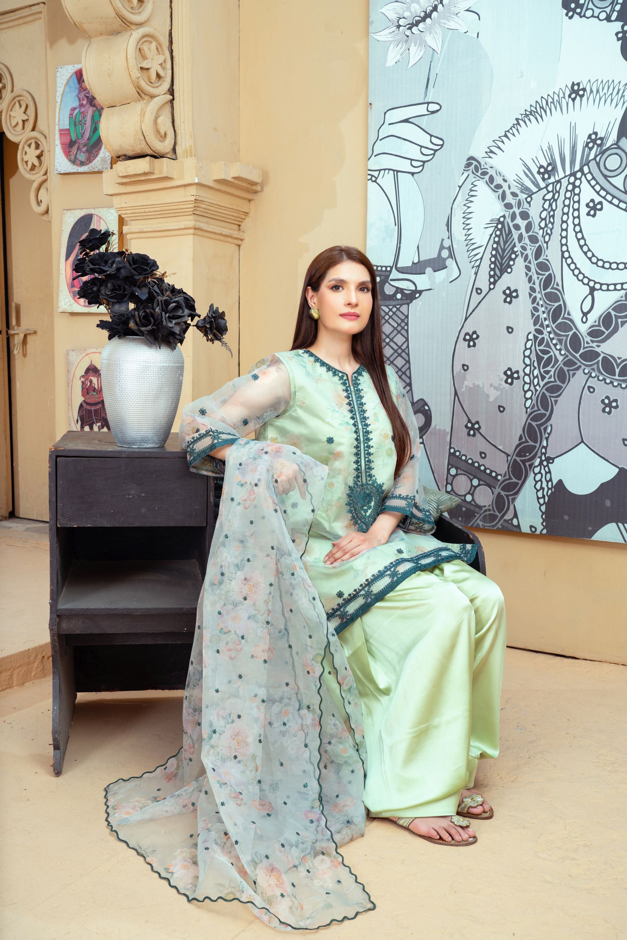 Mint Green Organza Embroidered Short Shirt with Silk Farshi Shalwar – RNK1 | Noorma Kamal