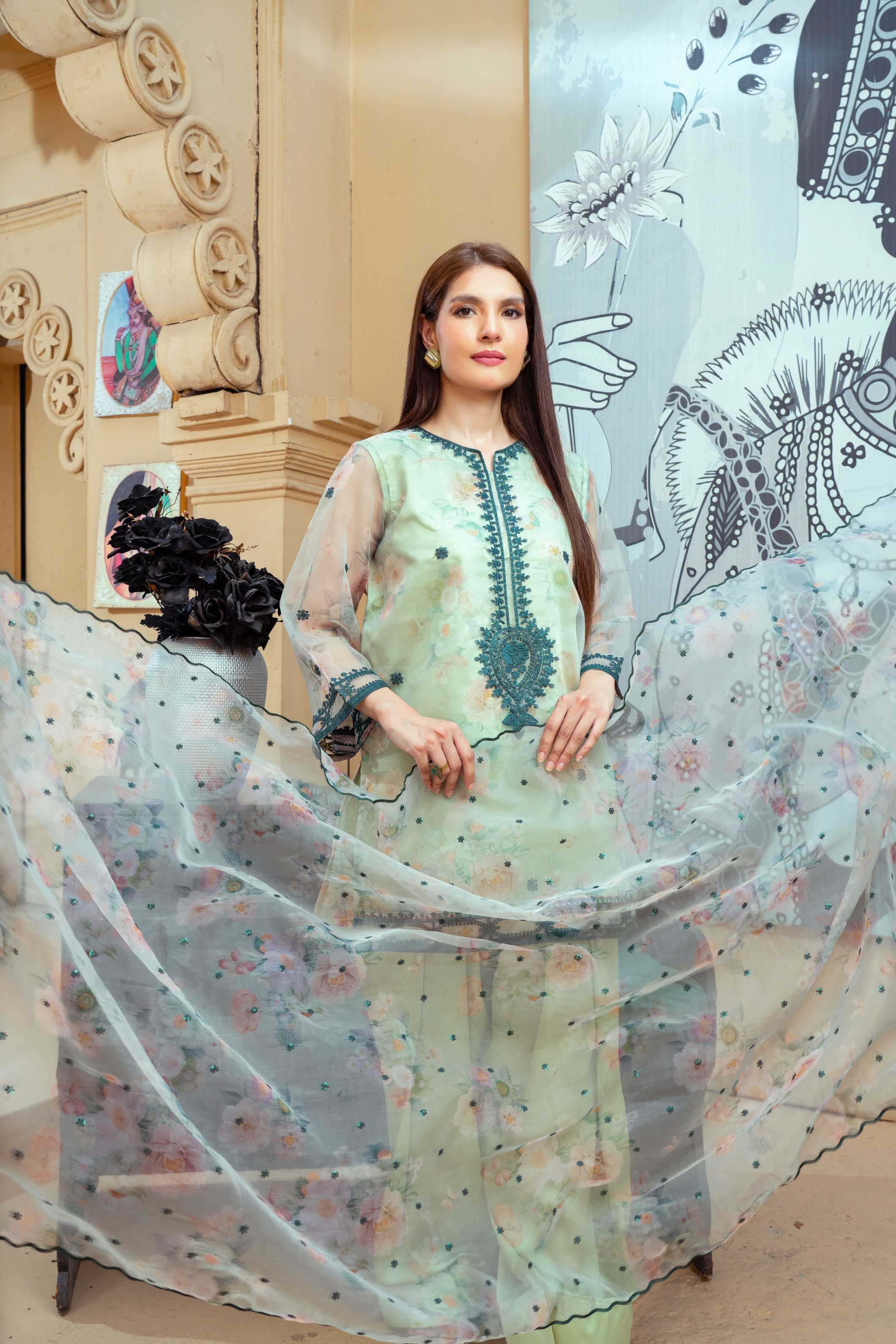 Mint Green Organza Embroidered Short Shirt with Silk Farshi Shalwar – RNK1 | Noorma Kamal