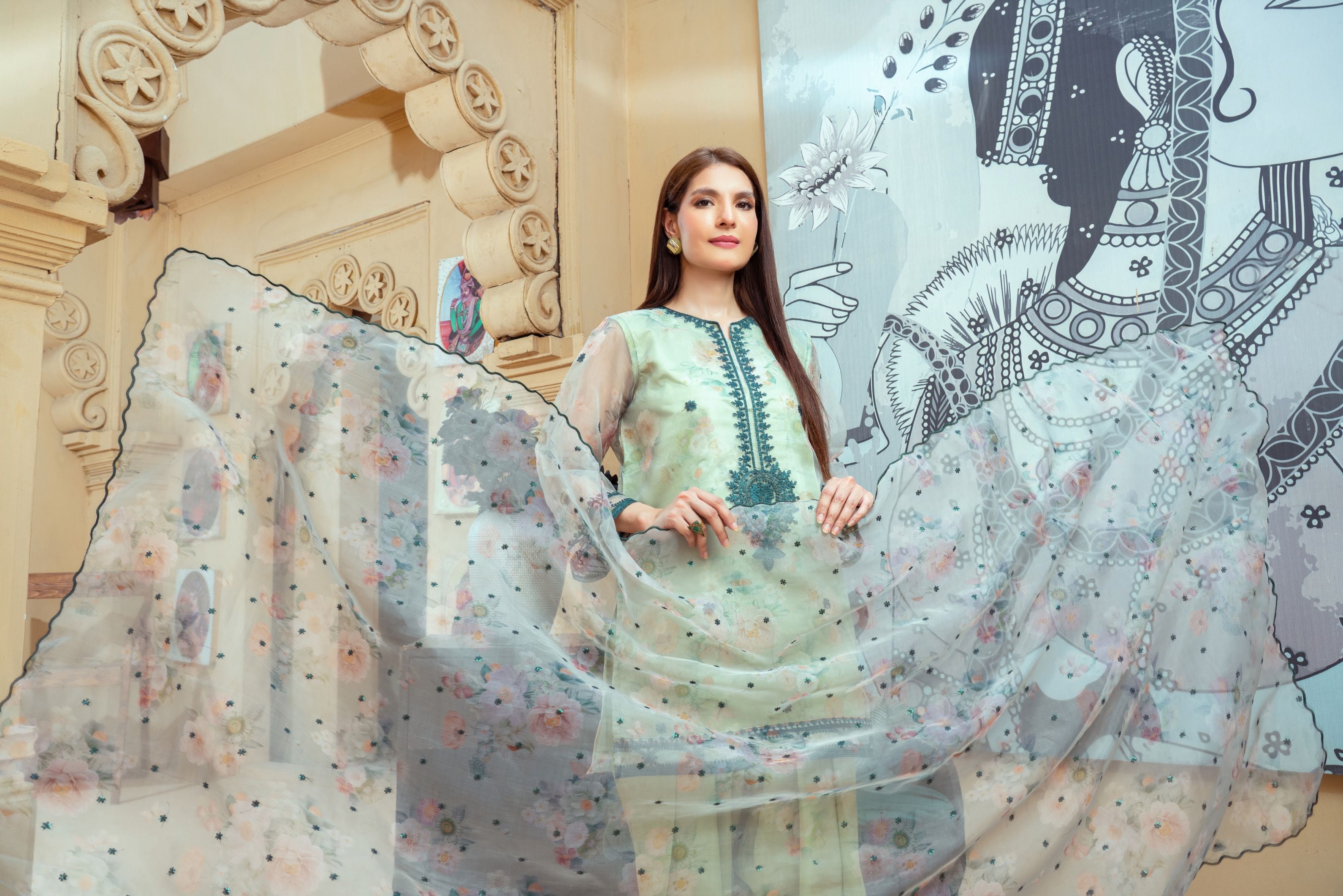 Mint Green Organza Embroidered Short Shirt with Silk Farshi Shalwar – RNK1 | Noorma Kamal