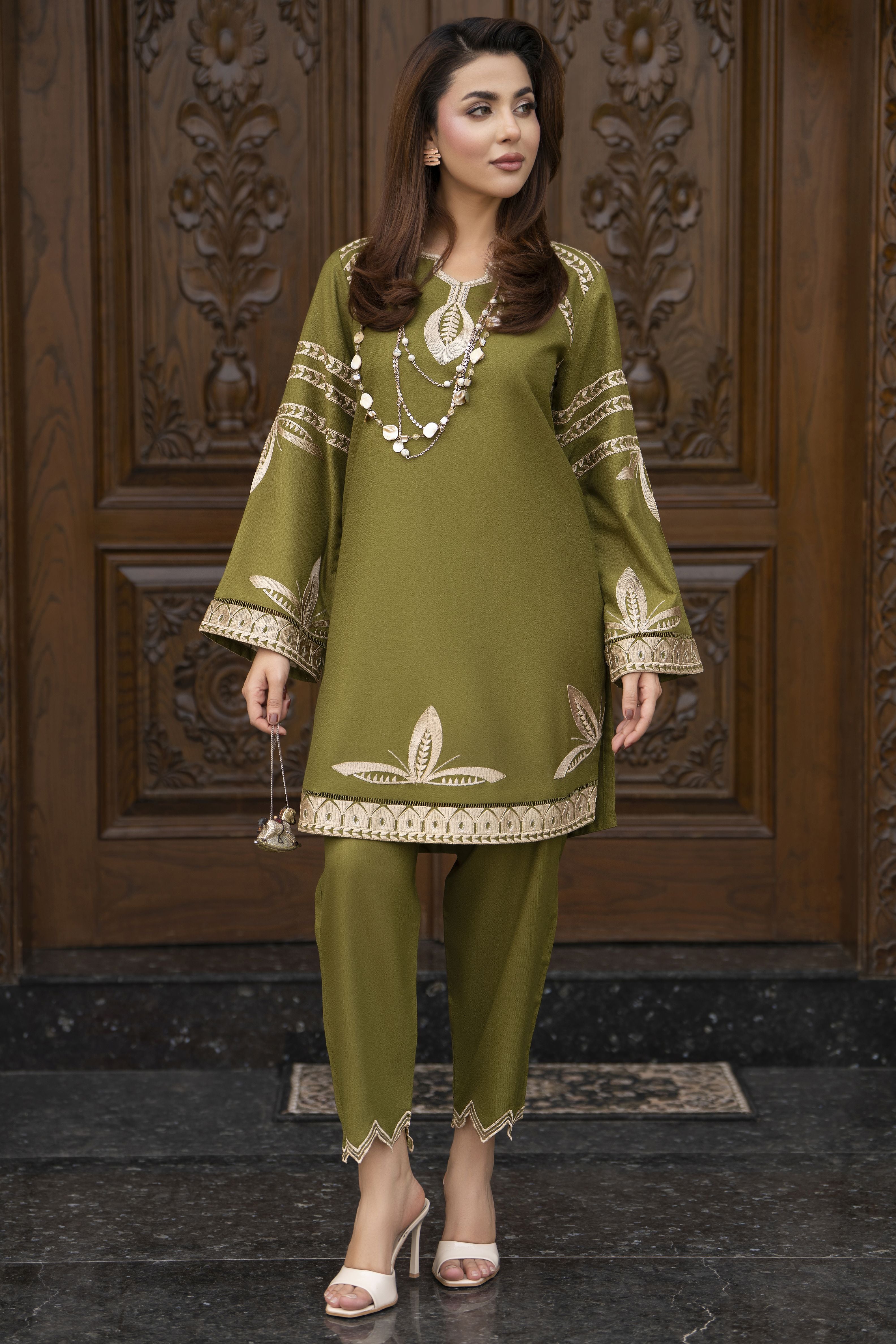 ZWM4 Zimal Winter Muse Olive Green Embroidered Dhanak 2pc Ready to Wear
