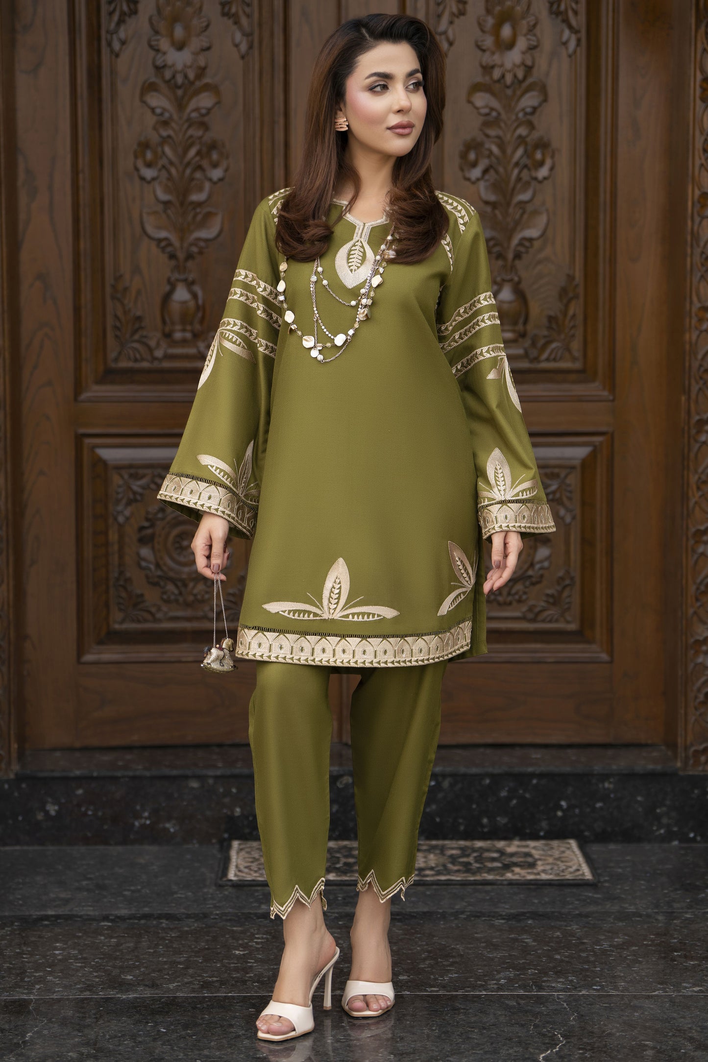ZWM4 Zimal Winter Muse Olive Green Embroidered Dhanak 2pc Ready to Wear