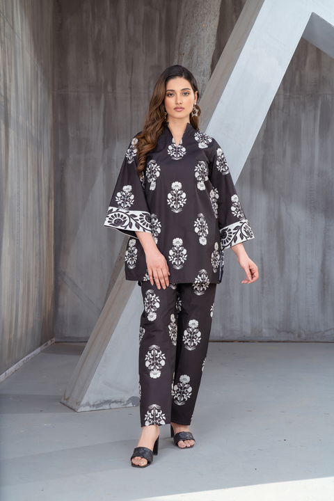 NK Everyday Lawn Co-ords – Black & White Floral Block Print Set NKE10