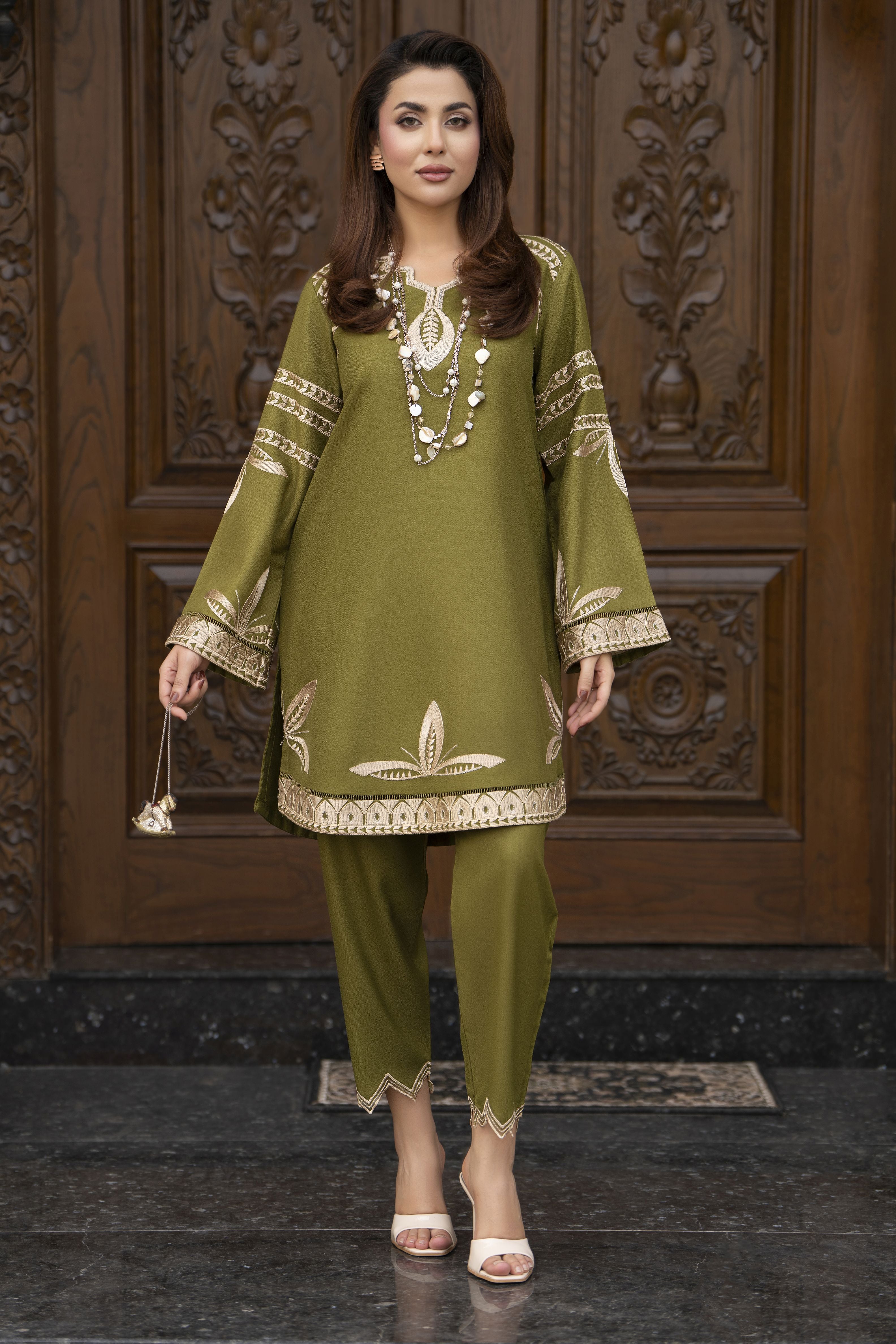 ZWM4 Zimal Winter Muse Olive Green Embroidered Dhanak 2pc Ready to Wear