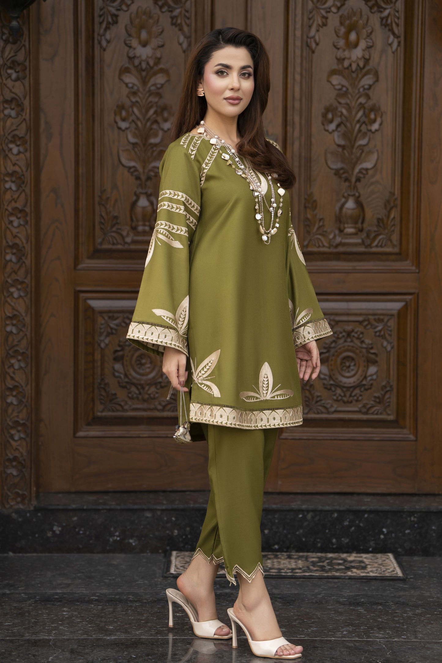 ZWM4 Zimal Winter Muse Olive Green Embroidered Dhanak 2pc Ready to Wear