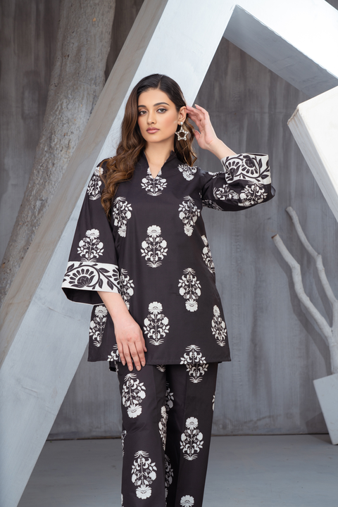 NK Everyday Lawn Co-ords – Black & White Floral Block Print Set NKE10