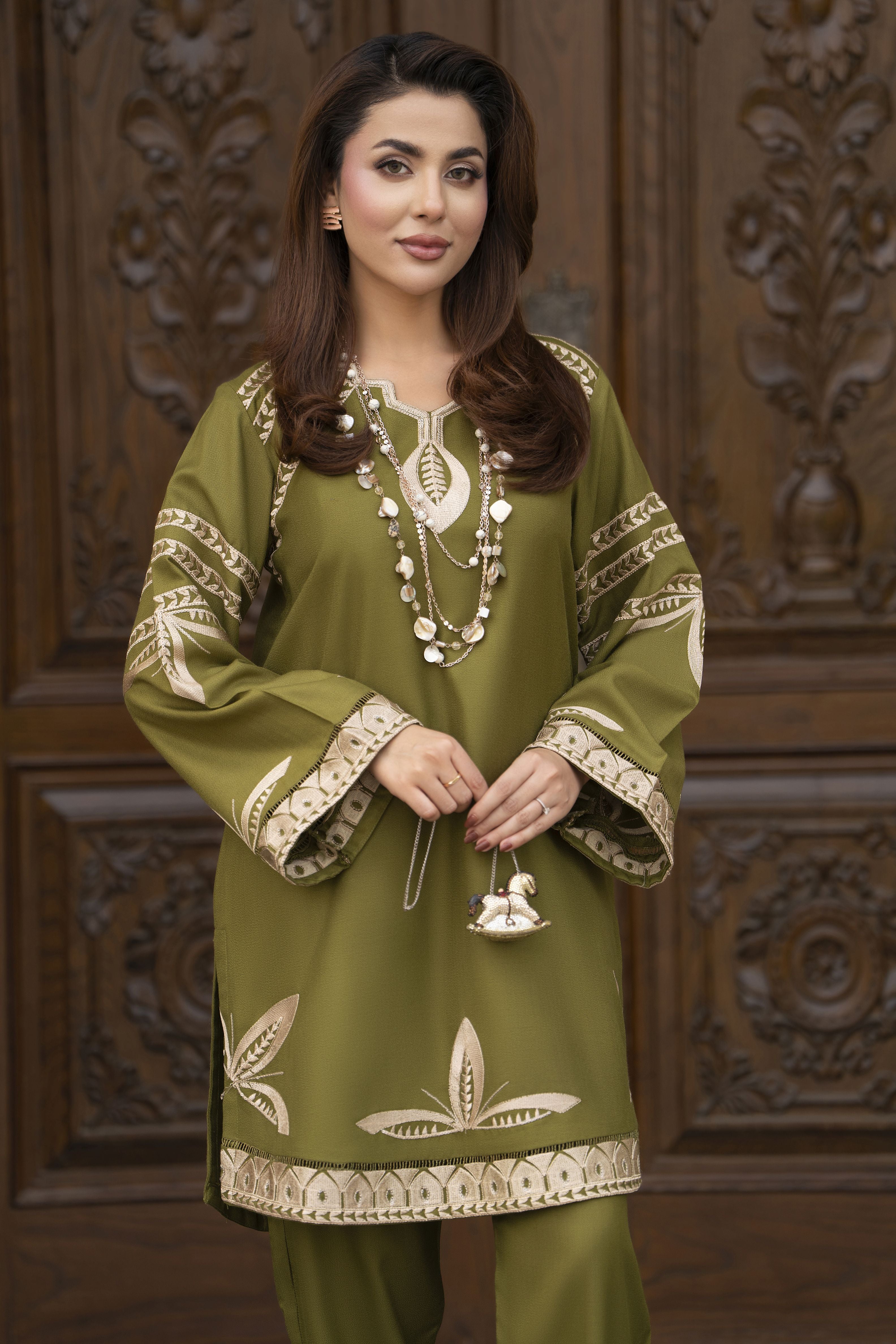 ZWM4 Zimal Winter Muse Olive Green Embroidered Dhanak 2pc Ready to Wear
