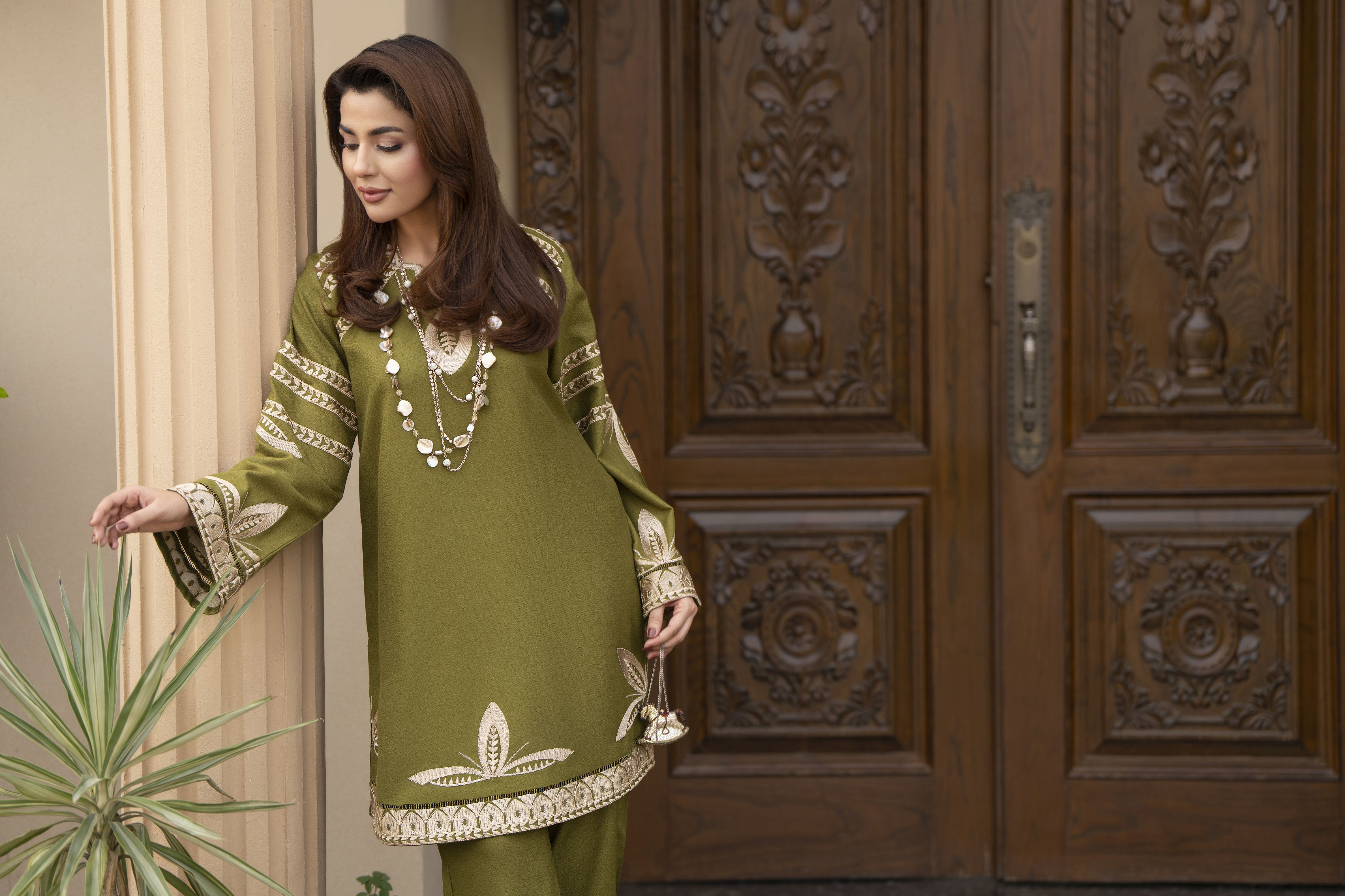 ZWM4 Zimal Winter Muse Olive Green Embroidered Dhanak 2pc Ready to Wear