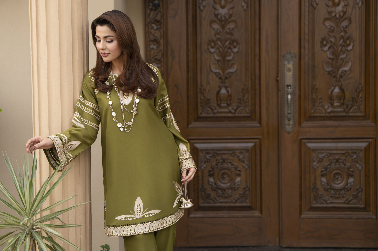 ZWM4 Zimal Winter Muse Olive Green Embroidered Dhanak 2pc Ready to Wear