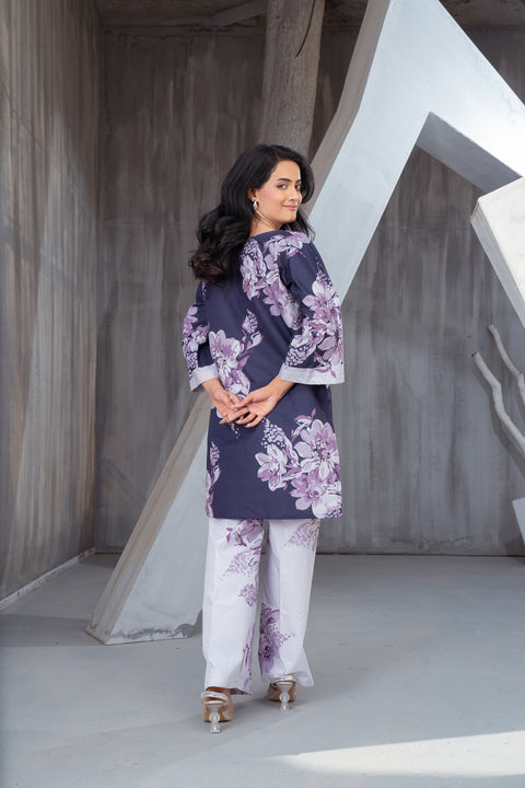 NK Everyday Lawn Co-ords – Purple Floral Contrast Shirt & Trouser Set NKE9