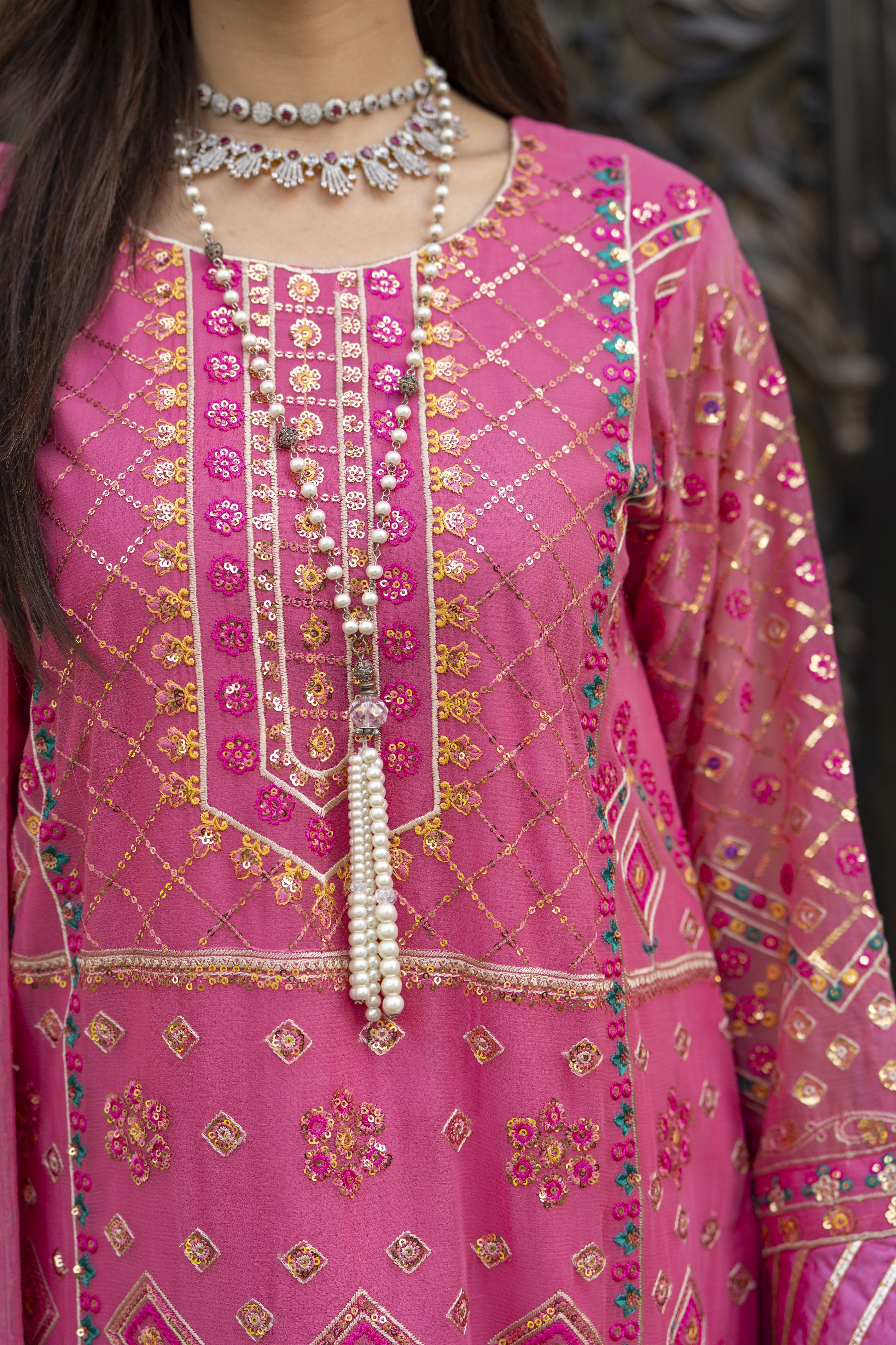 Fuchsia Pink Embroidered Chiffon Eid Dress – Chand Sa Libaas by Aleezay | CSLA3