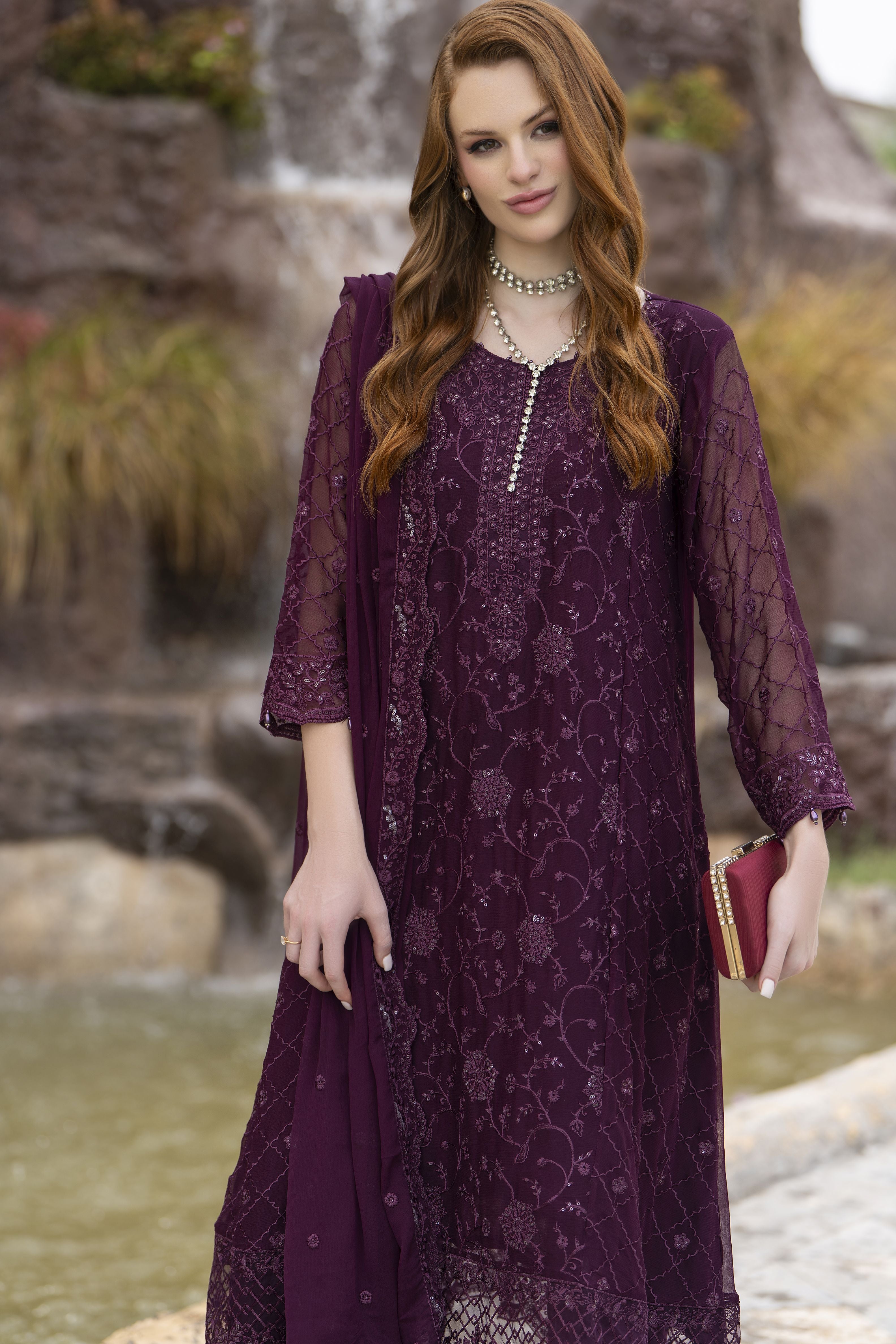 Zaina 3pc Embroidered Chiffon Frock Suit – ZNC5