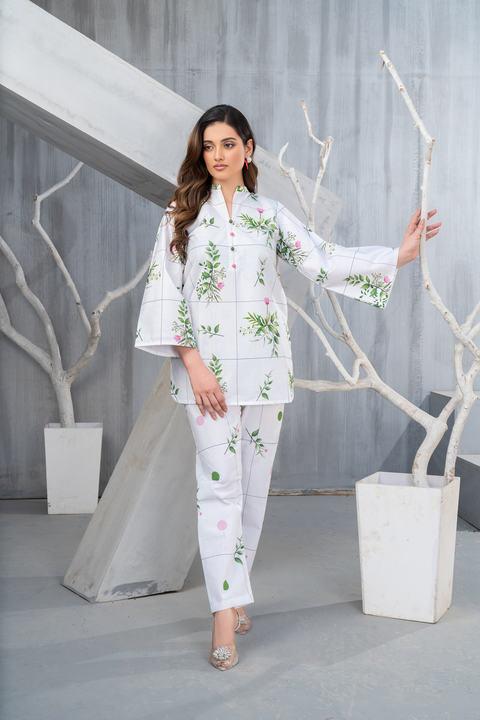 NK Everyday Lawn Co-ords – White Grid Floral Printed Shirt & Trousers Set NKE4