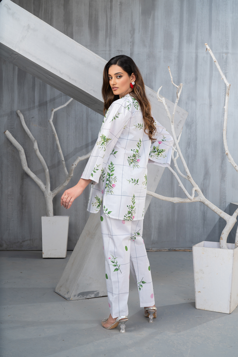NK Everyday Lawn Co-ords – White Grid Floral Printed Shirt & Trousers Set NKE4