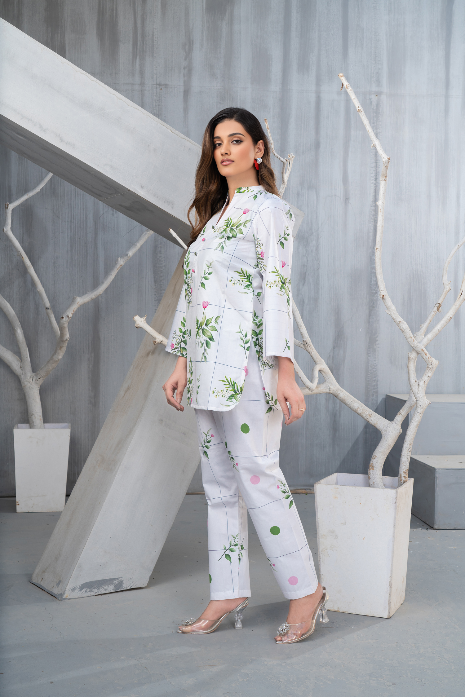 NK Everyday Lawn Co-ords – White Grid Floral Printed Shirt & Trousers Set NKE4