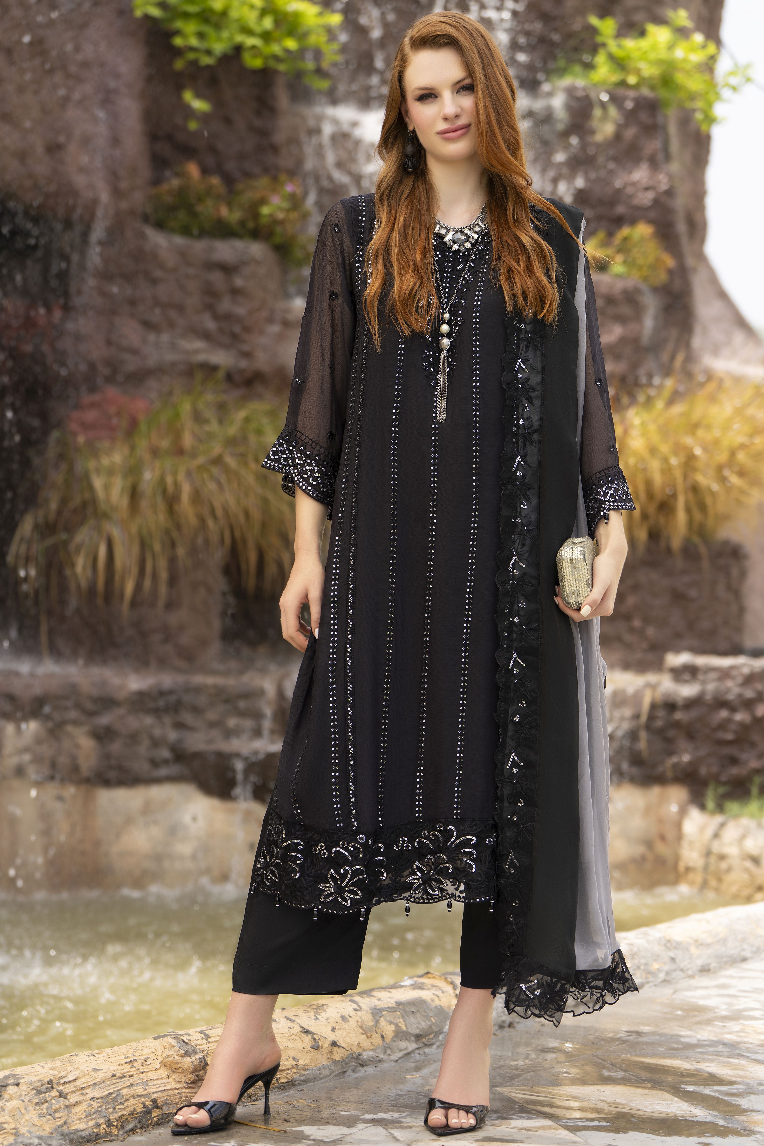 Zaina 3pc Black Embroidered Chiffon Suit – ZNC6