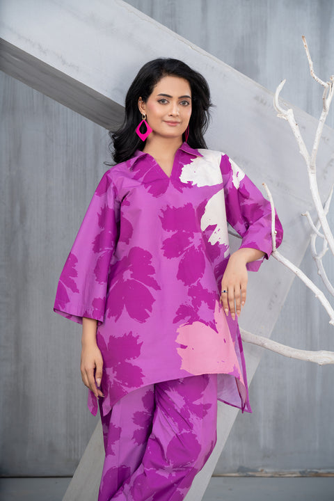 NK Everyday Lawn Co-ords – Pink Abstract Floral Short Shirt & Trouser Set NKE3