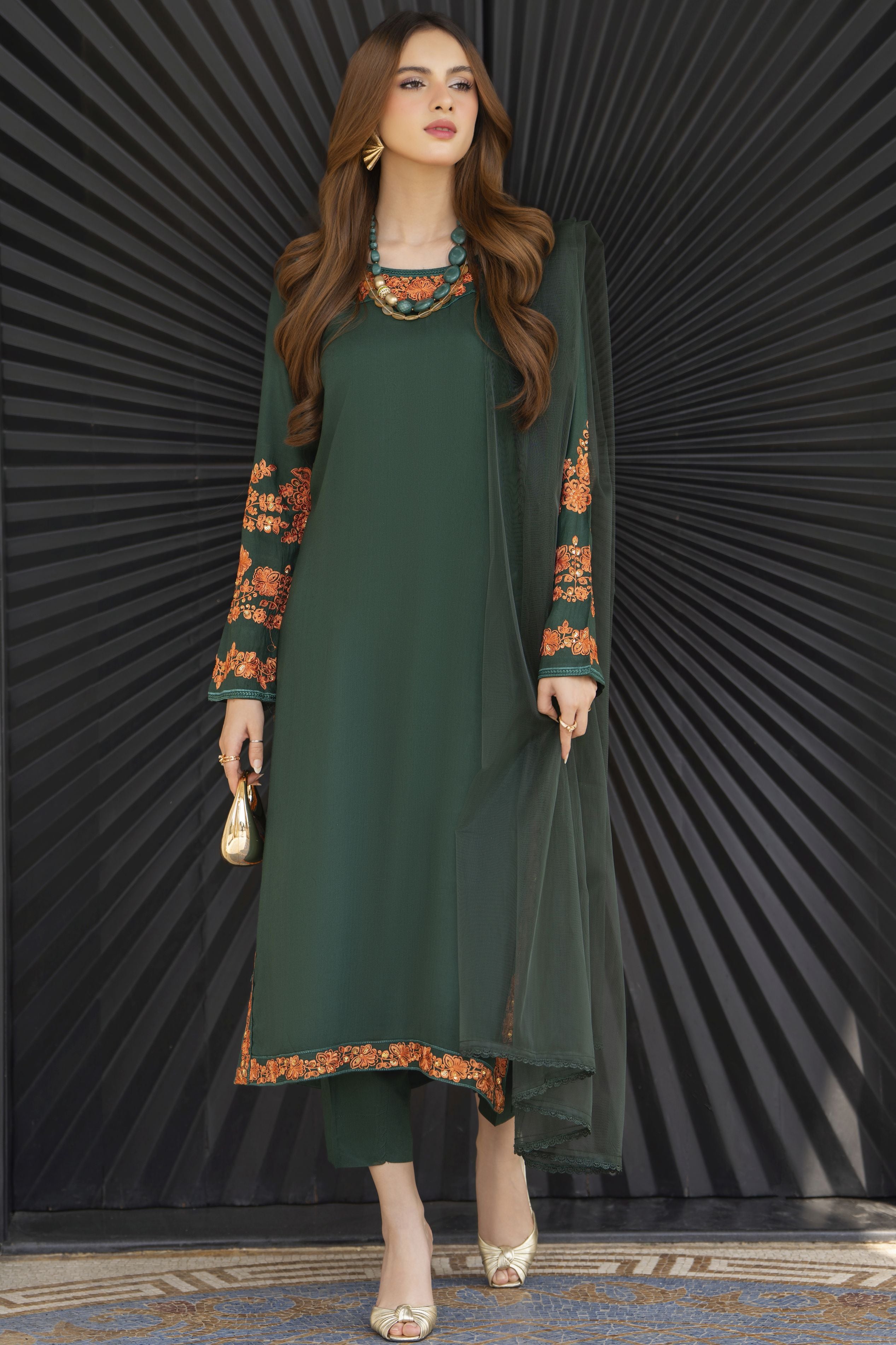 Bottle Green Embroidered 3pc Linen Pakistani Dress Linen Aura by Miski LAM5