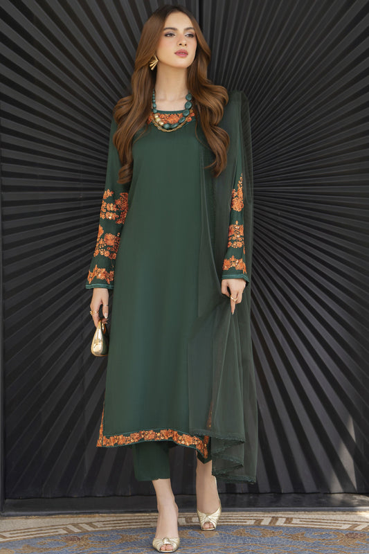 Bottle Green Embroidered 3pc Linen Pakistani Dress Linen Aura by Miski LAM5