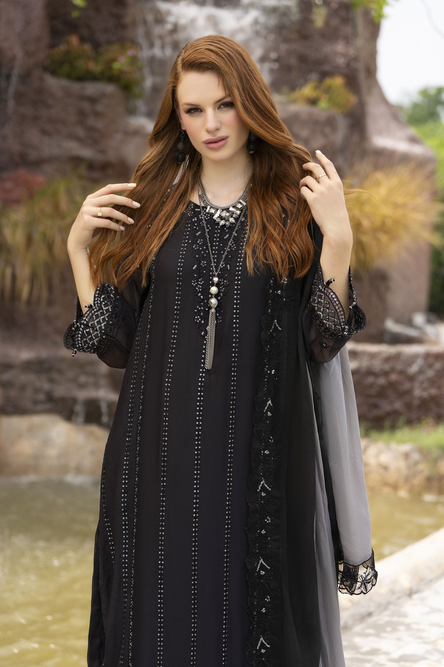 Zaina 3pc Black Embroidered Chiffon Suit – ZNC6