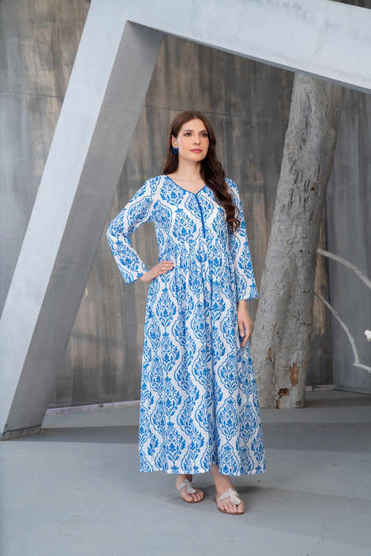 NK Everyday Lawn Co-ords – Blue Block Print Style Frock & Trousers Set NKE2