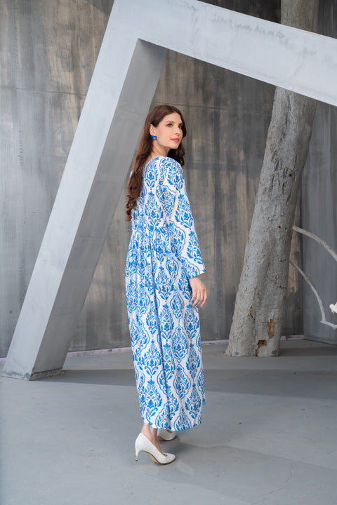 NK Everyday Lawn Co-ords – Blue Block Print Style Frock & Trousers Set NKE2