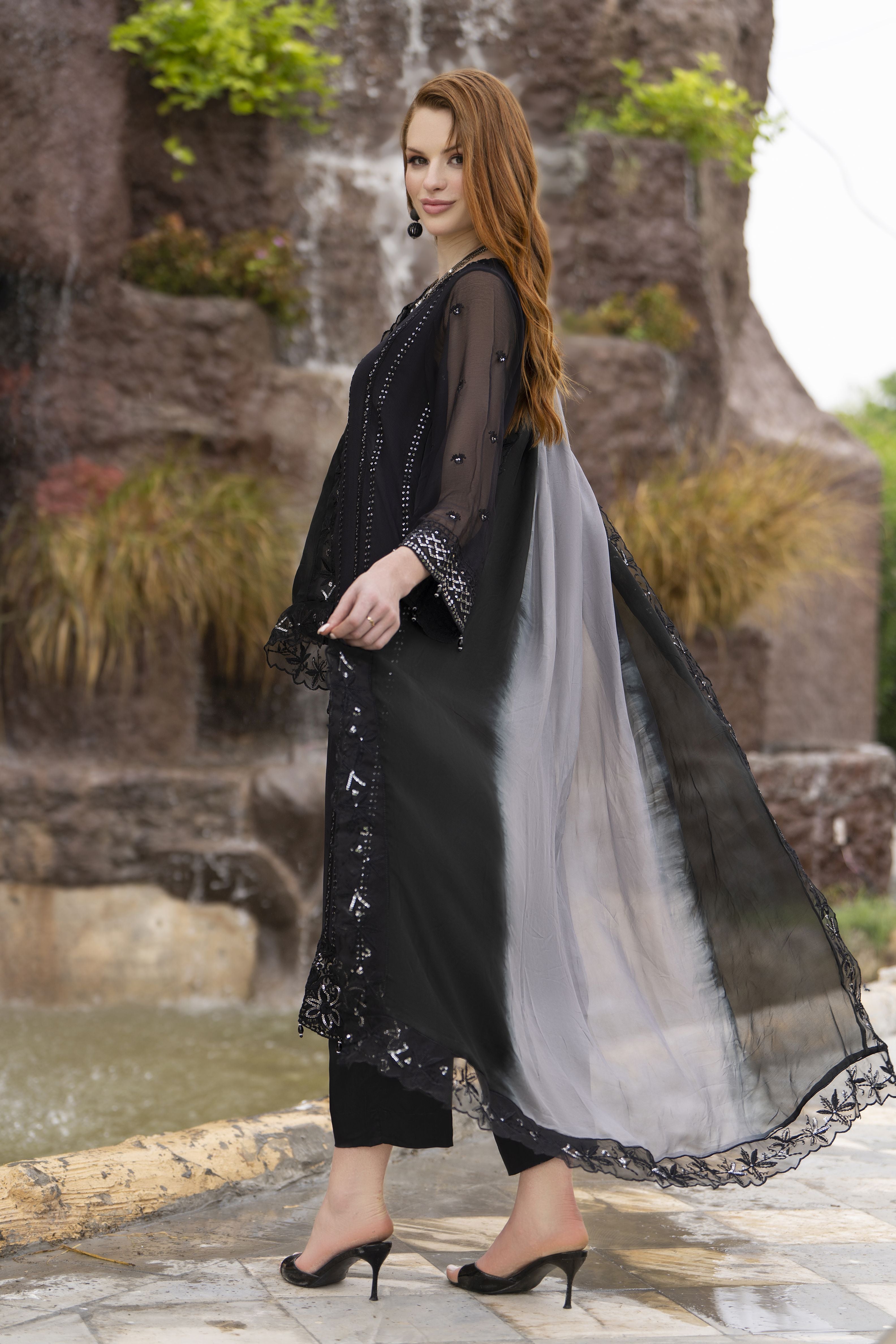 Zaina 3pc Black Embroidered Chiffon Suit – ZNC6