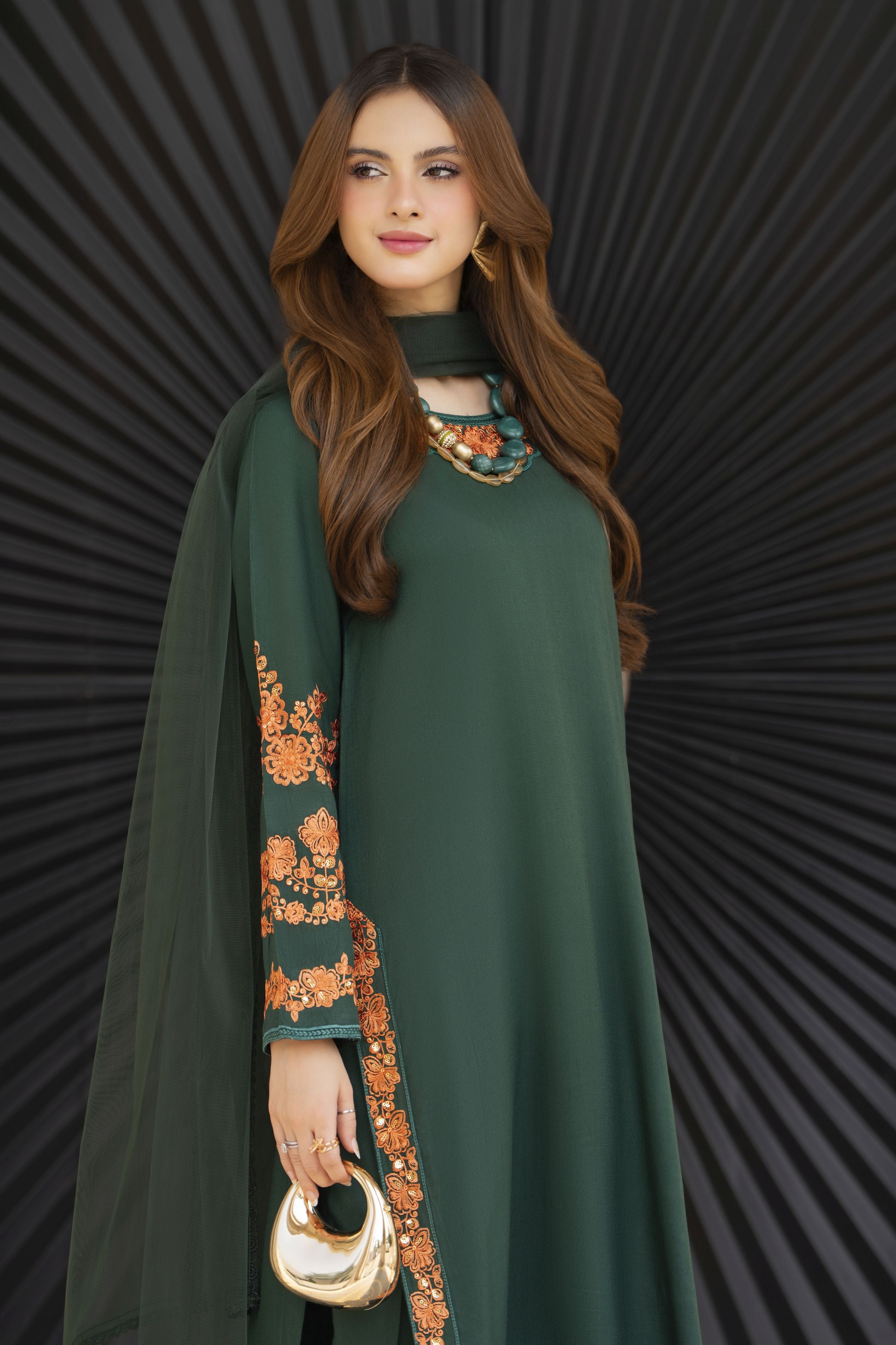 Bottle Green Embroidered 3pc Linen Pakistani Dress Linen Aura by Miski LAM5