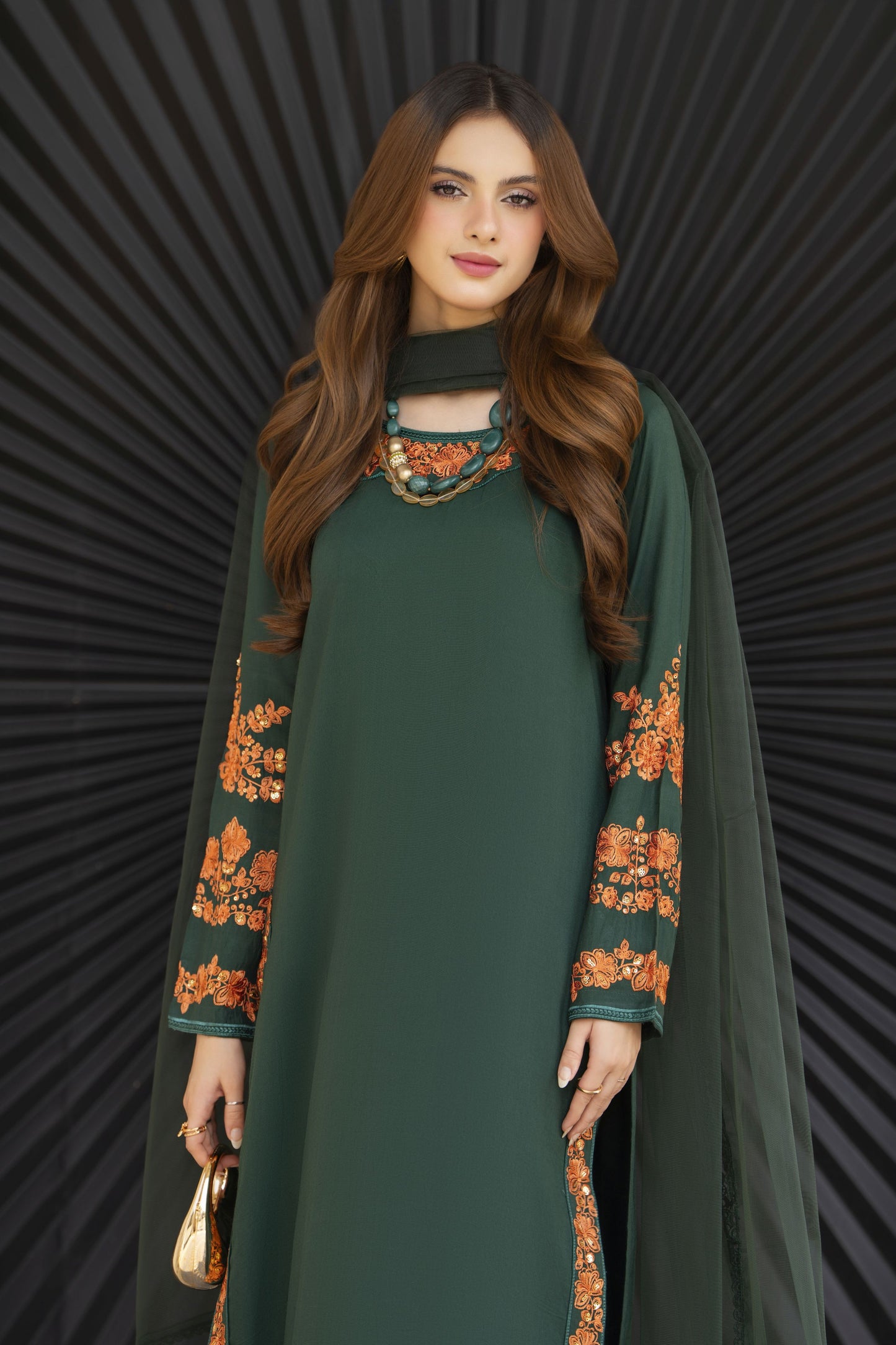 Bottle Green Embroidered 3pc Linen Pakistani Dress Linen Aura by Miski LAM5