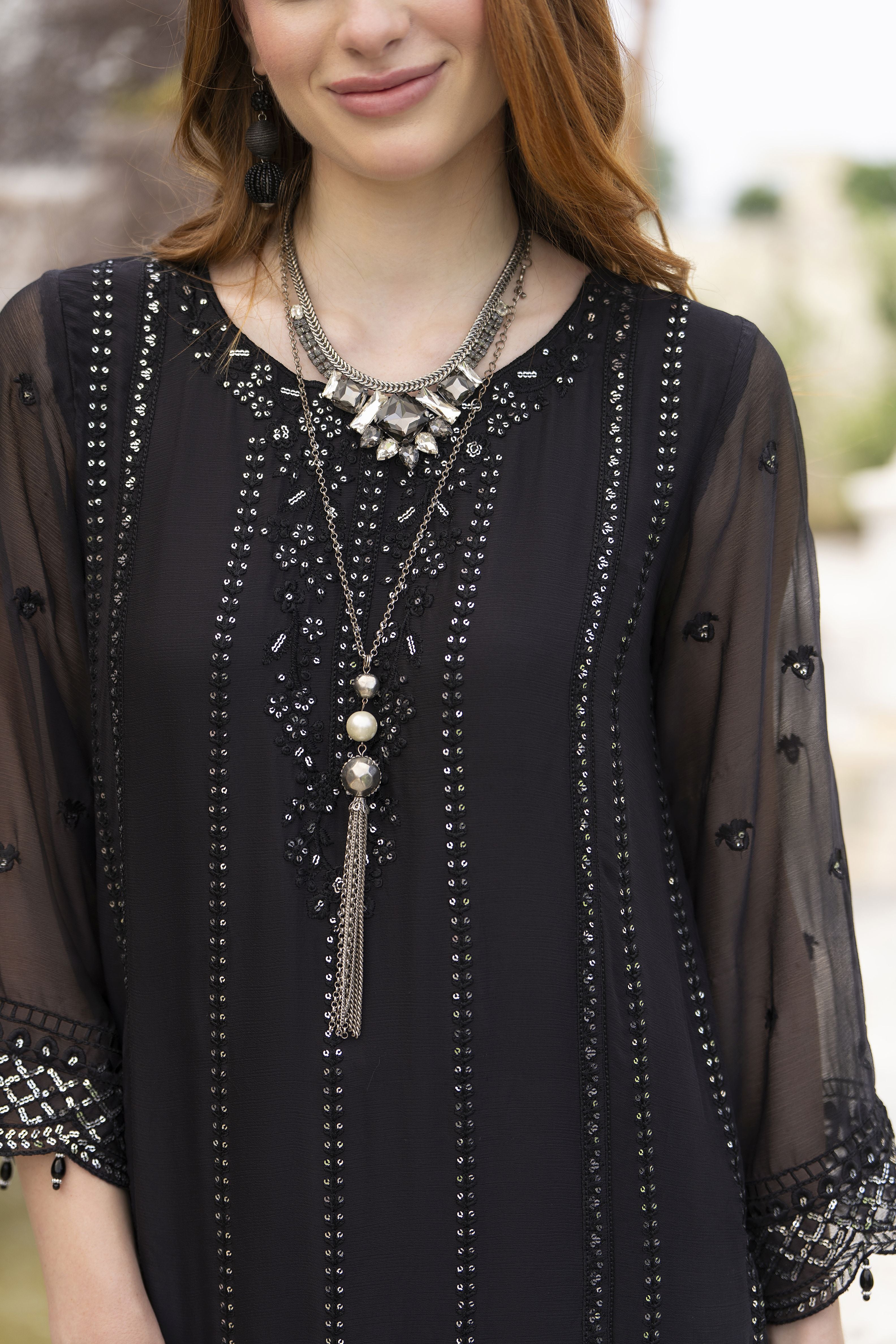 Zaina 3pc Black Embroidered Chiffon Suit – ZNC6