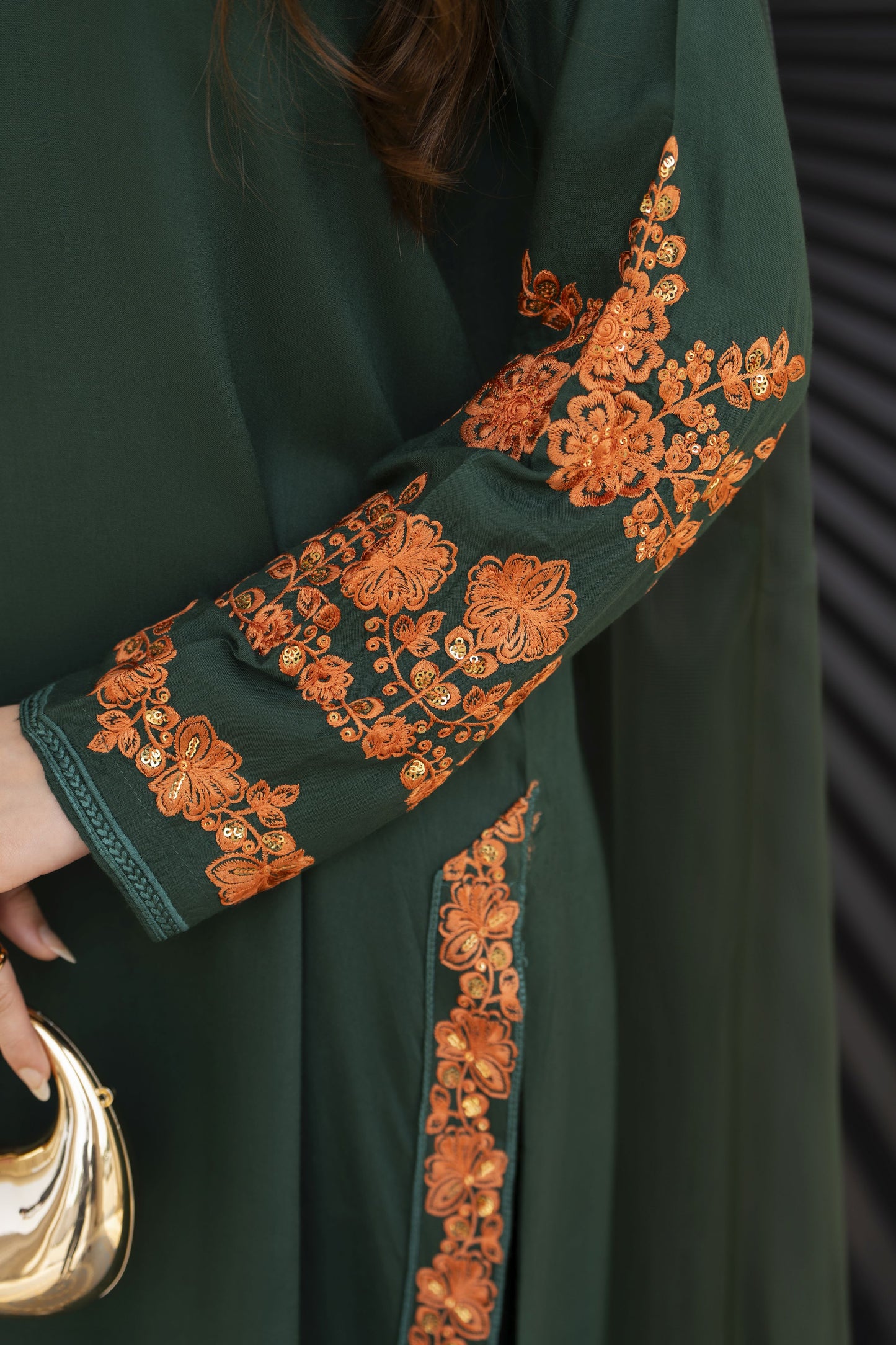 Bottle Green Embroidered 3pc Linen Pakistani Dress Linen Aura by Miski LAM5