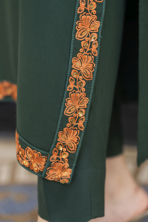 green dress/kraft dinner Bottle Green Embroidered 3pc Linen Pakistani Dress Linen Aura by Miski