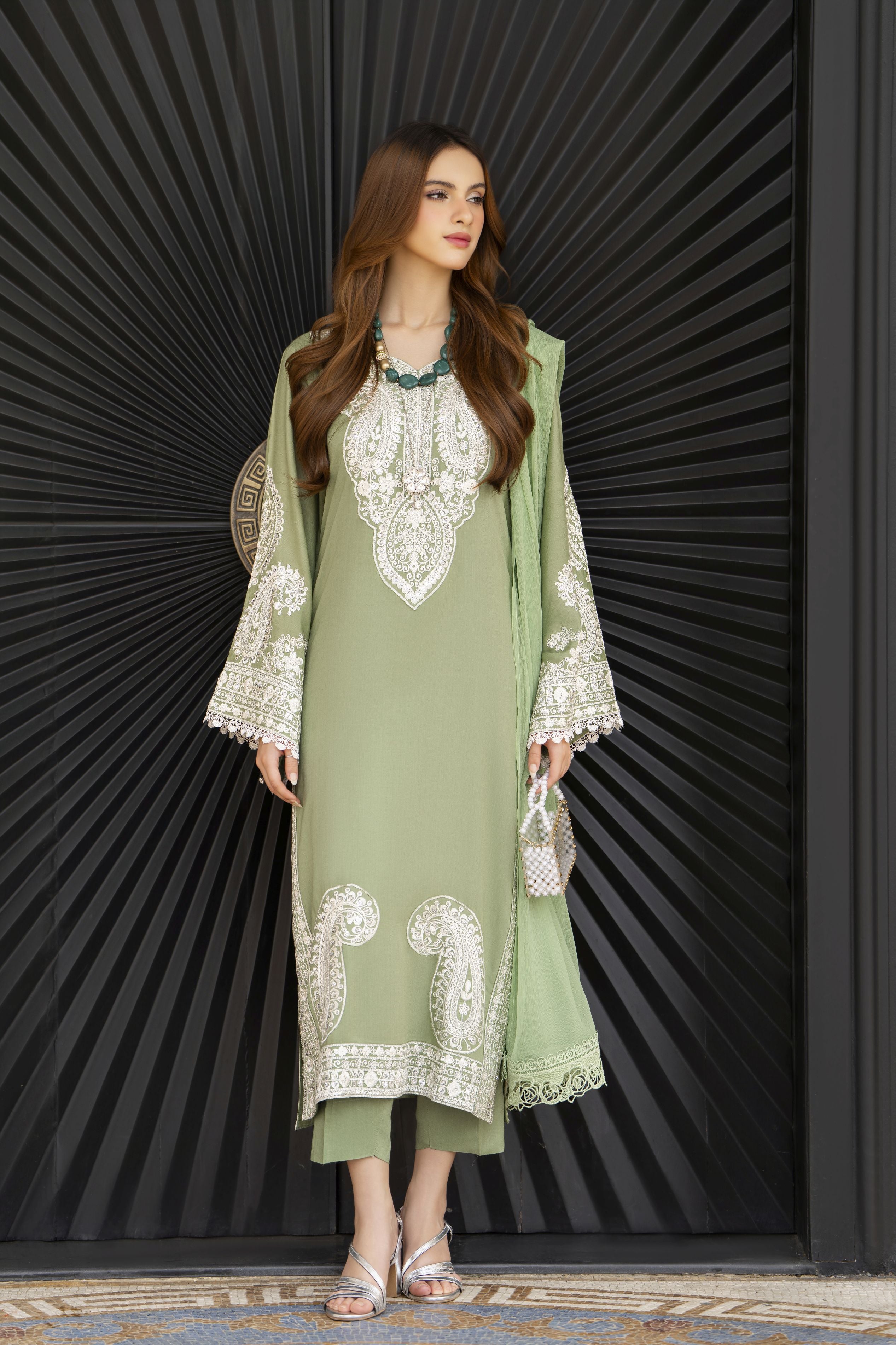 Pistachio Green Embroidered 3pc Linen Dress – Linen Aura by Miski LAM8