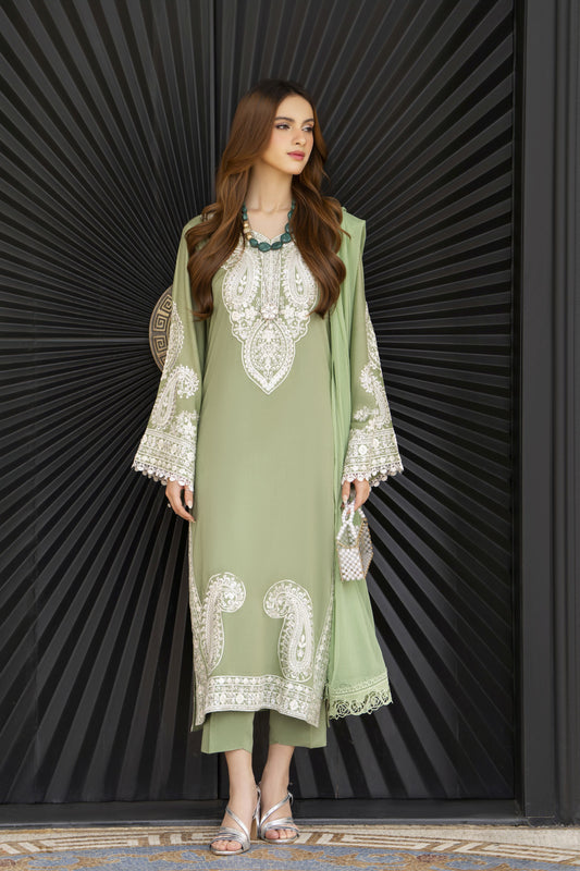 Pistachio Green Embroidered 3pc Linen Dress – Linen Aura by Miski LAM8