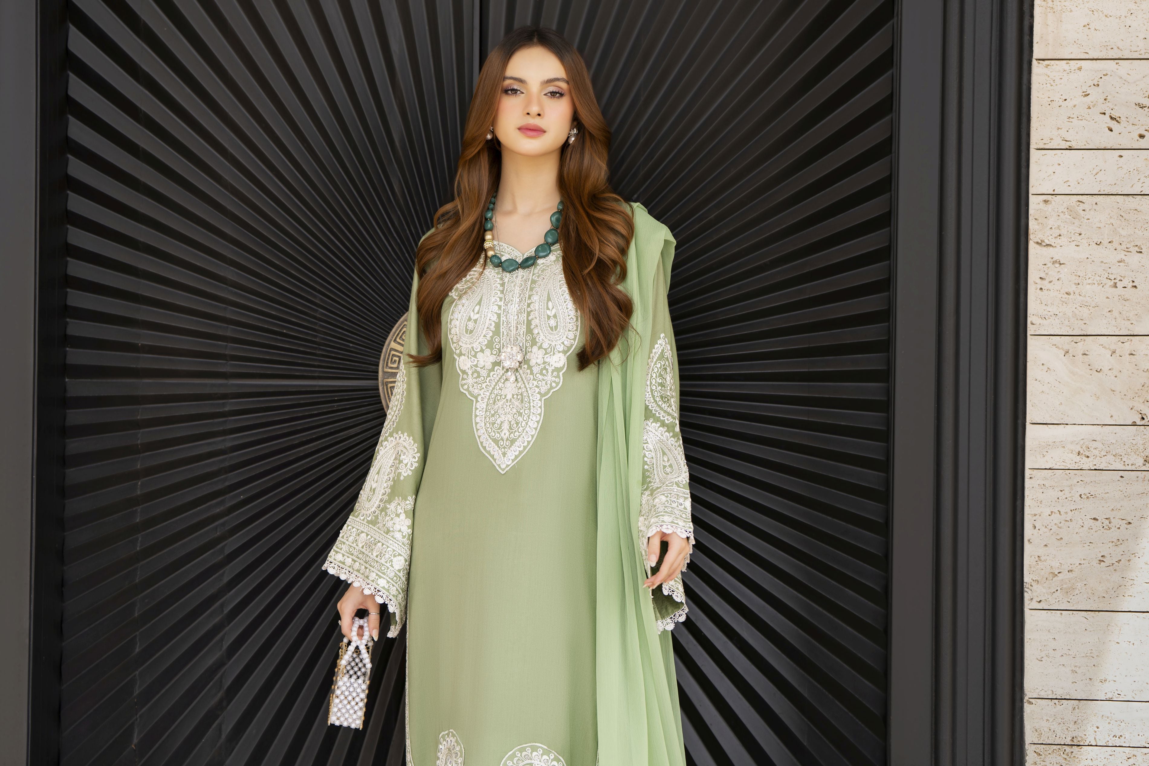 Pistachio Green Embroidered 3pc Linen Dress – Linen Aura by Miski LAM8