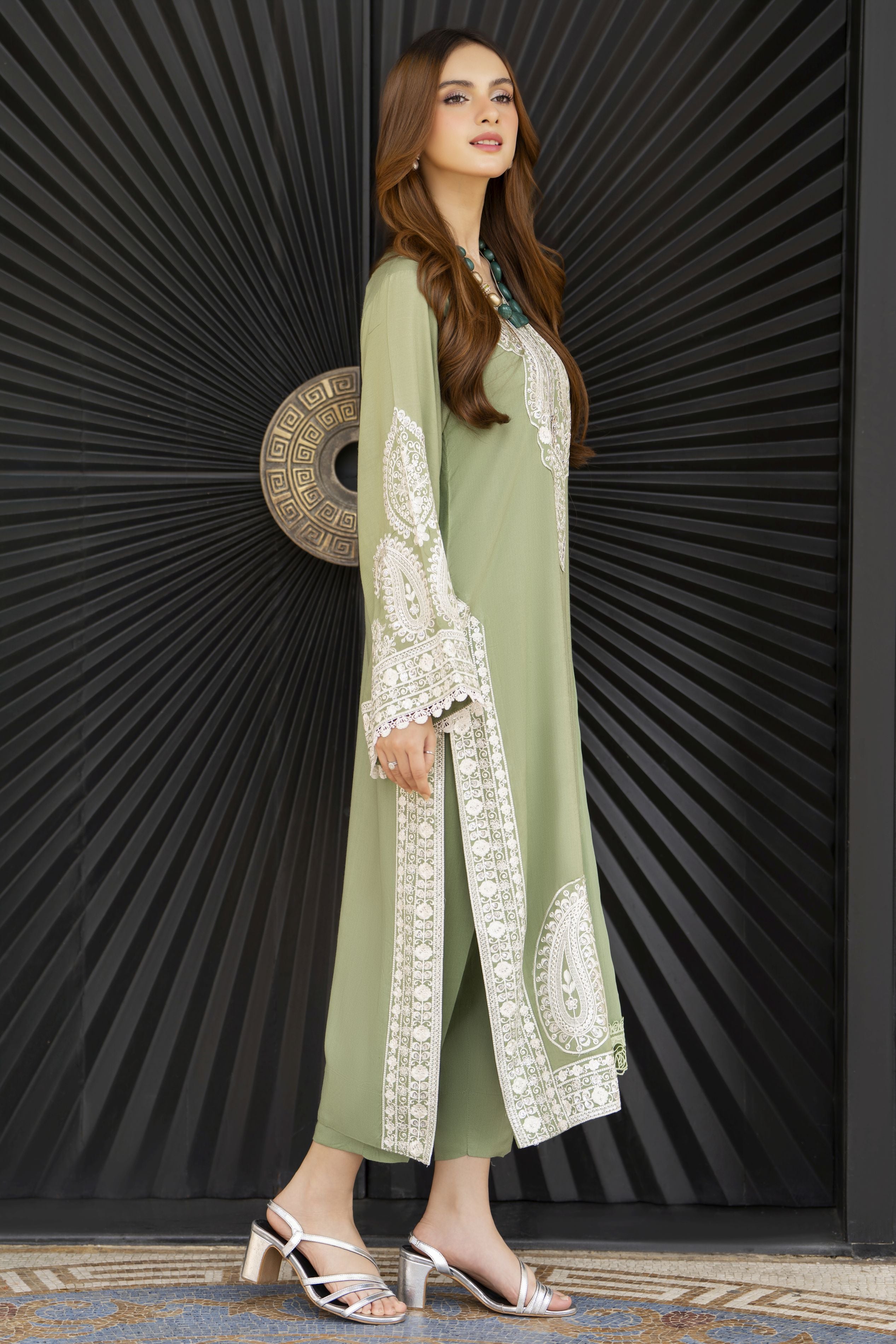 Pistachio Green Embroidered 3pc Linen Dress – Linen Aura by Miski LAM8