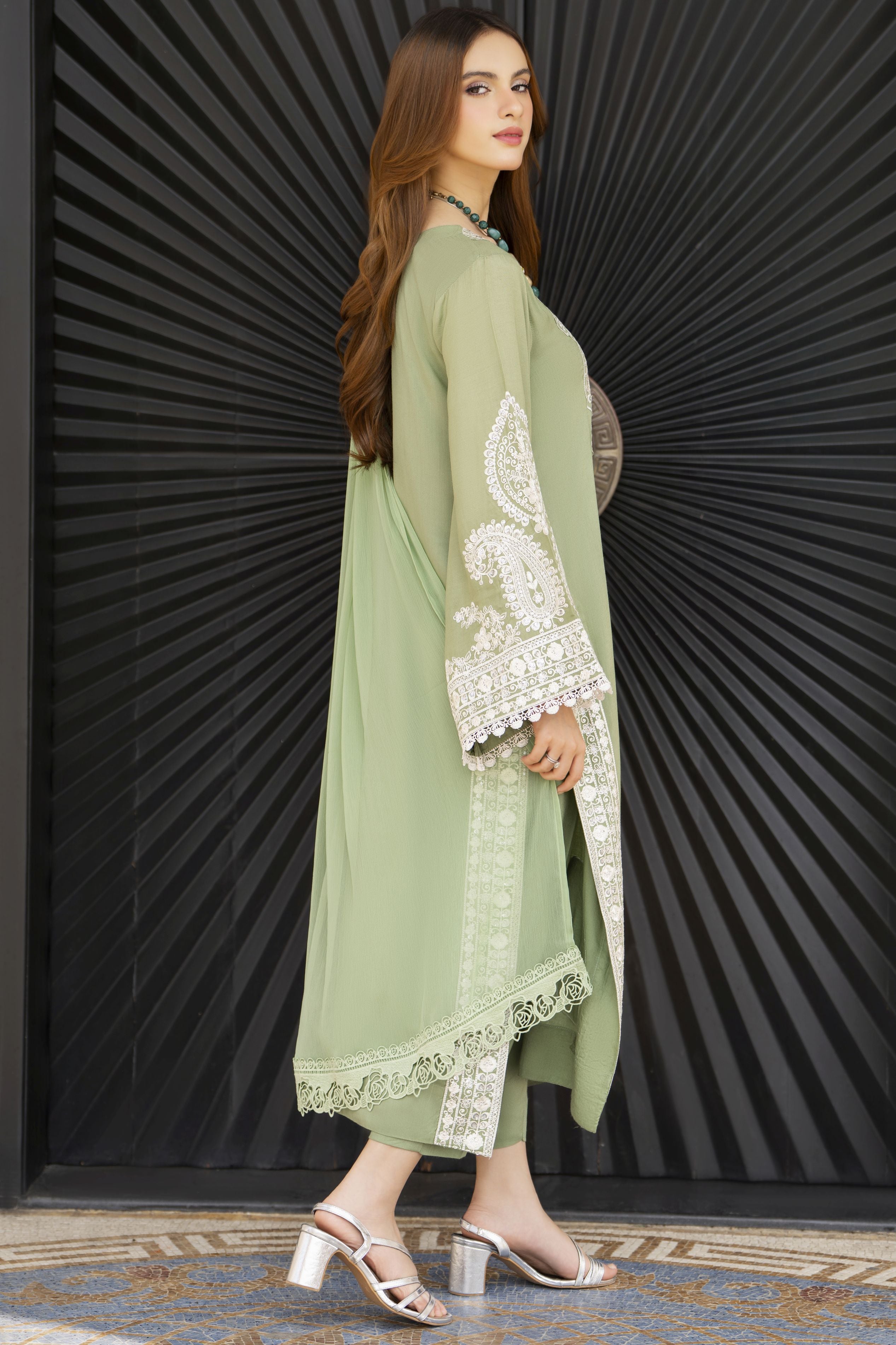 Pistachio Green Embroidered 3pc Linen Dress – Linen Aura by Miski LAM8